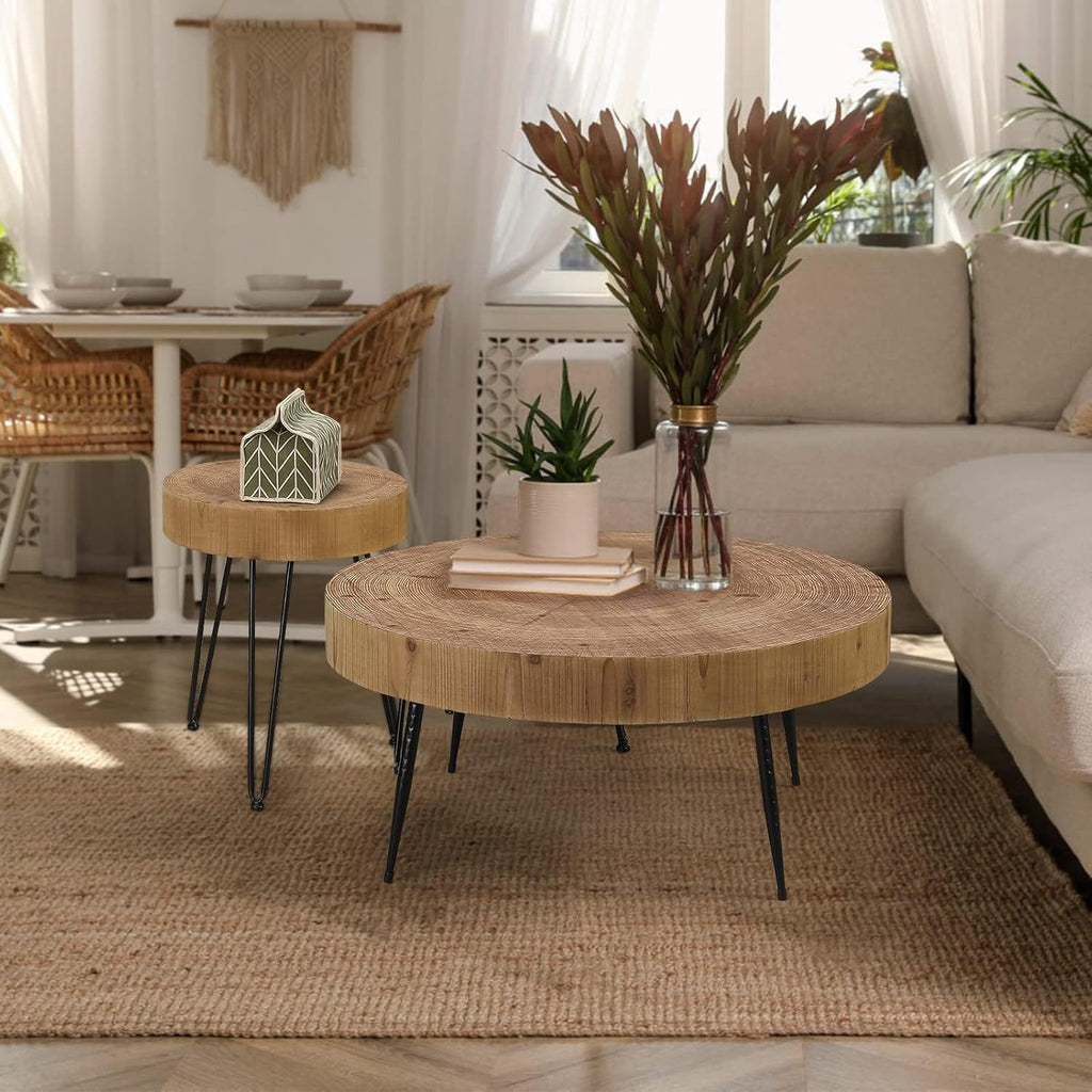 RUSTOWN Farmhouse Round Coffee Table Set of 2, Cocktail Table Set, Modern Circle Natural Wood Finsh Side and End Table Sets for Living Room(Planar, Natural)
