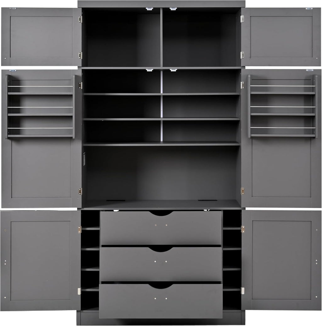 Ball & Cast 80″Tall Freestanding Kitchen Pantry Cabinet with 2 Power Outlets & 3 Large Drawers,41" W Versatile Farmhouse Pantry Storage Cabinet w/Adjustable Shelves and Door Shelves,for Kitchen, Grey