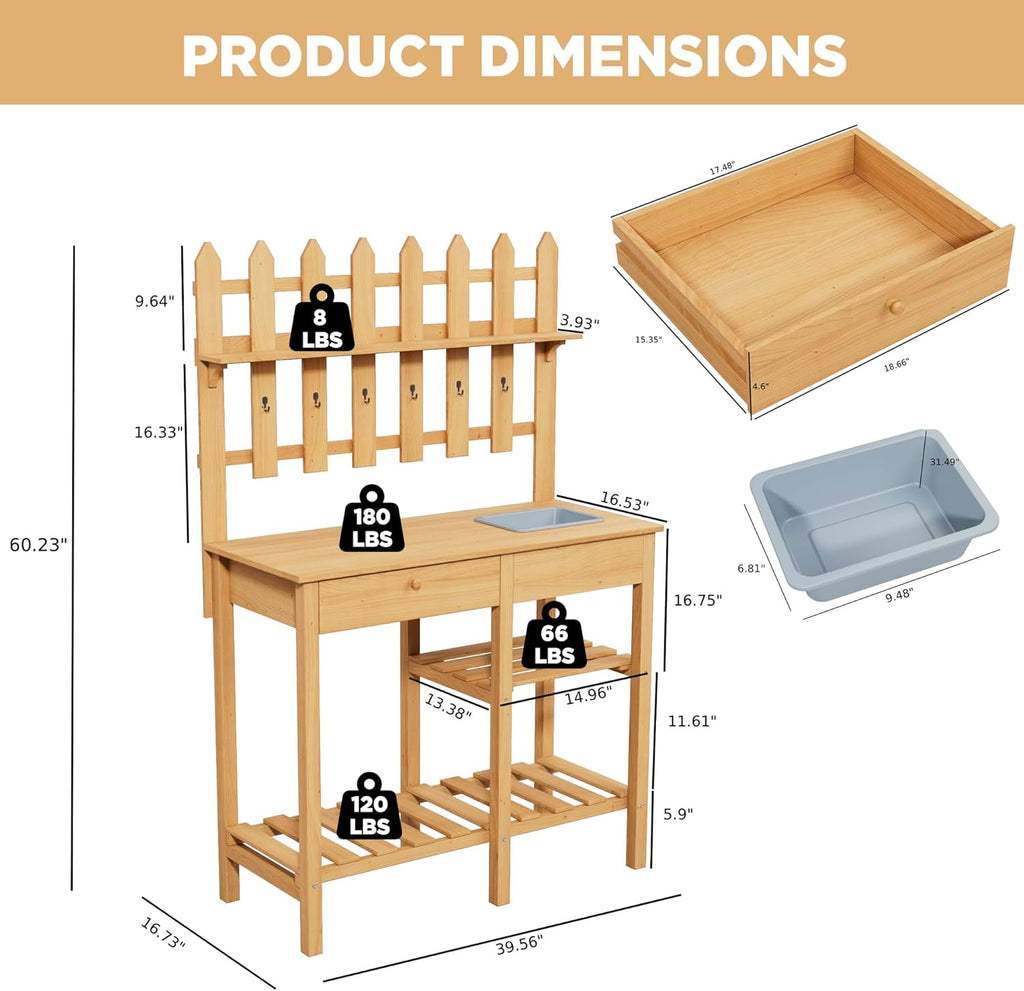 Outdoor Potting Bench, Wooden Potting Table with Built-in Sink, Drawer, Hooks & Storage Shelves – Large Gardening Bench for Outside Garden Workstation, Backyard Patio Balcony, Brown