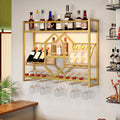 HOOBRO Wall Mounted Wine Rack with LED Light, 31.5" Wine Shelf, 3 Tier Wine Bottle Display Shelf with Glass Holder, Hanging Bar Liquor Storage Rack, for Kitchen, Bar, Gold and White DW73DBJ01