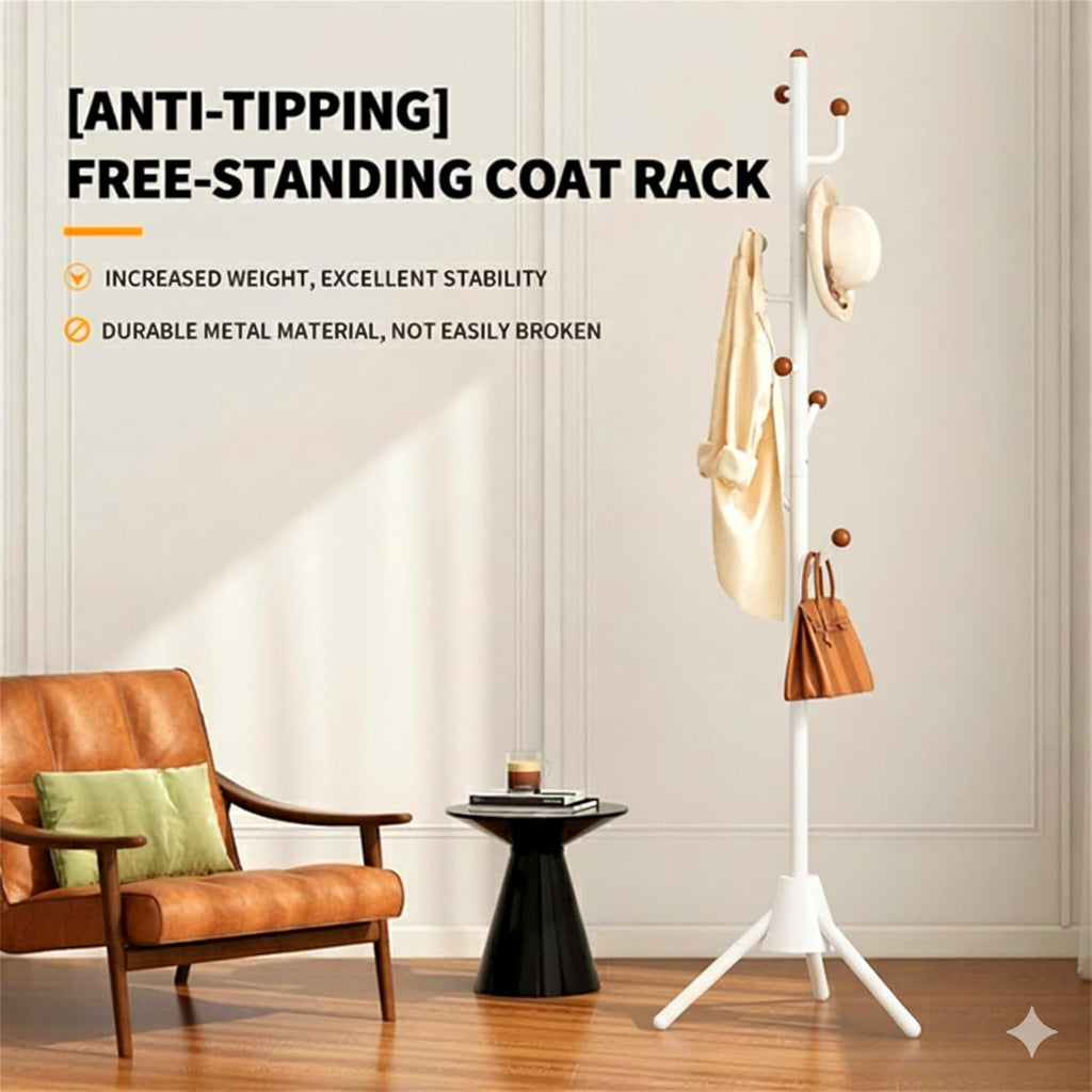 Heavy Duty Coat Rack, 8-Hook Freestanding Metal Clothes Tree Stand for Entryway, Hallway, Bedroom - Sturdy Triangle Base, Non-Tipping, Space Saving, White