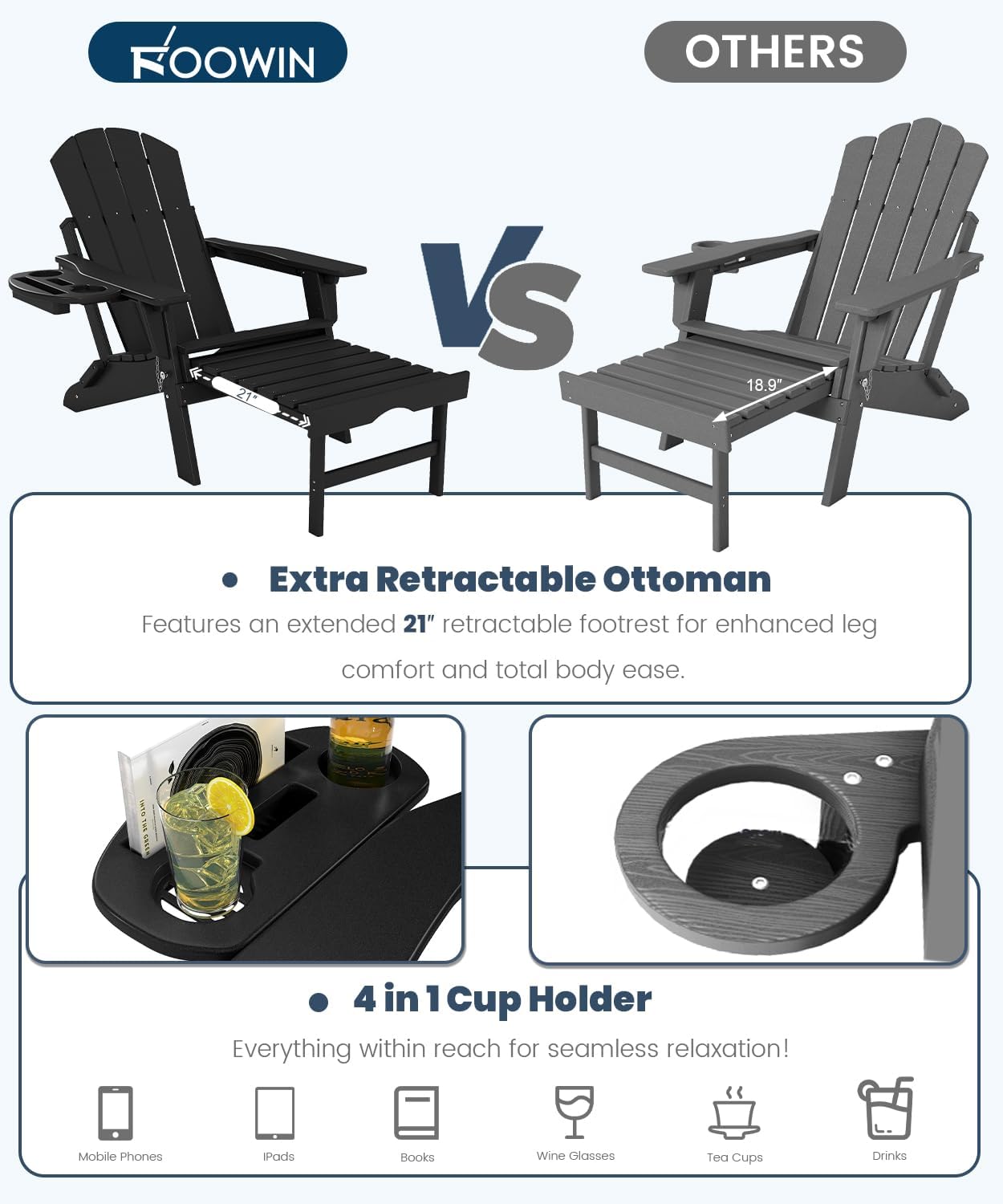 FOOWIN Folding Adjustable Adirondack Chair with Retractable Ottoman Set of 2,HDPE Adirondack Chair w/4 in 1 Cup Holder Trays,All-Weather Resistant Fire Pit Chair for Outdoor Patio Lawn, Black