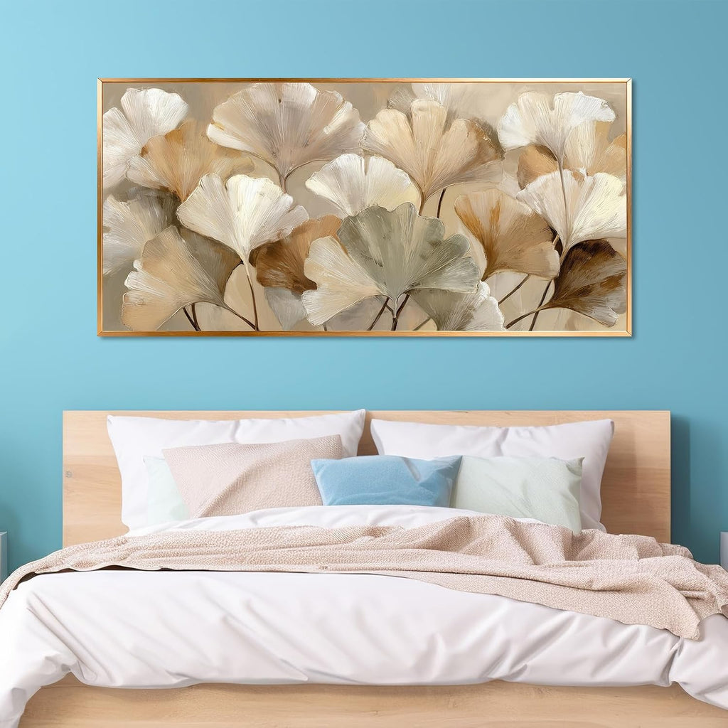 Azatyam Ginkgo Leaf Wall Art Frame Neutral Beige Floral Decor Botanical Nature Picture Ginkgo Leaves Canvas Prints for Living Room Bedroom Office Dining Large Brown Grey Yellow Metal Frame Art 24" x 46"