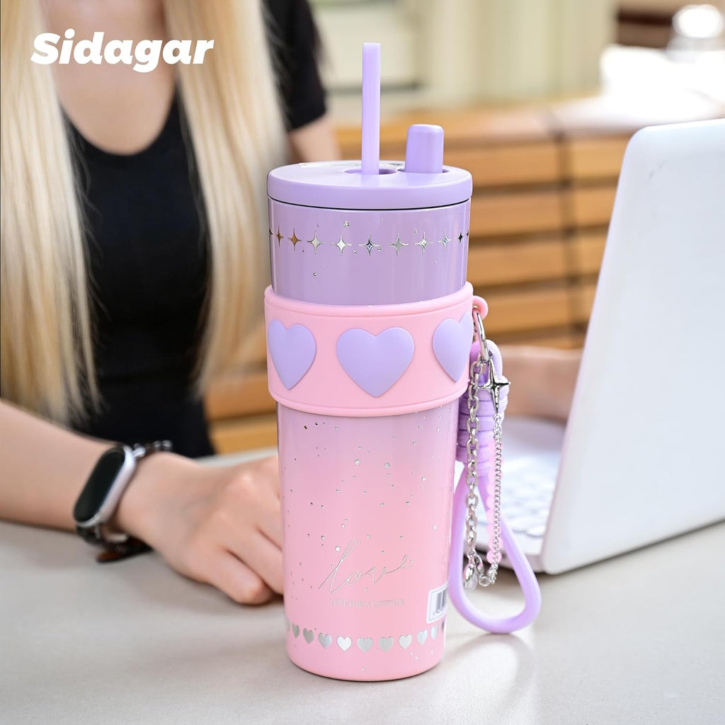 24 oz Stainless Steel Tumbler with Lid and Straw, Insulated Coffee Mug, Leak Proof, Portable Iced Travel Water Bottle, Reusable Thermal Coffee Cup Gift for Women, Purple