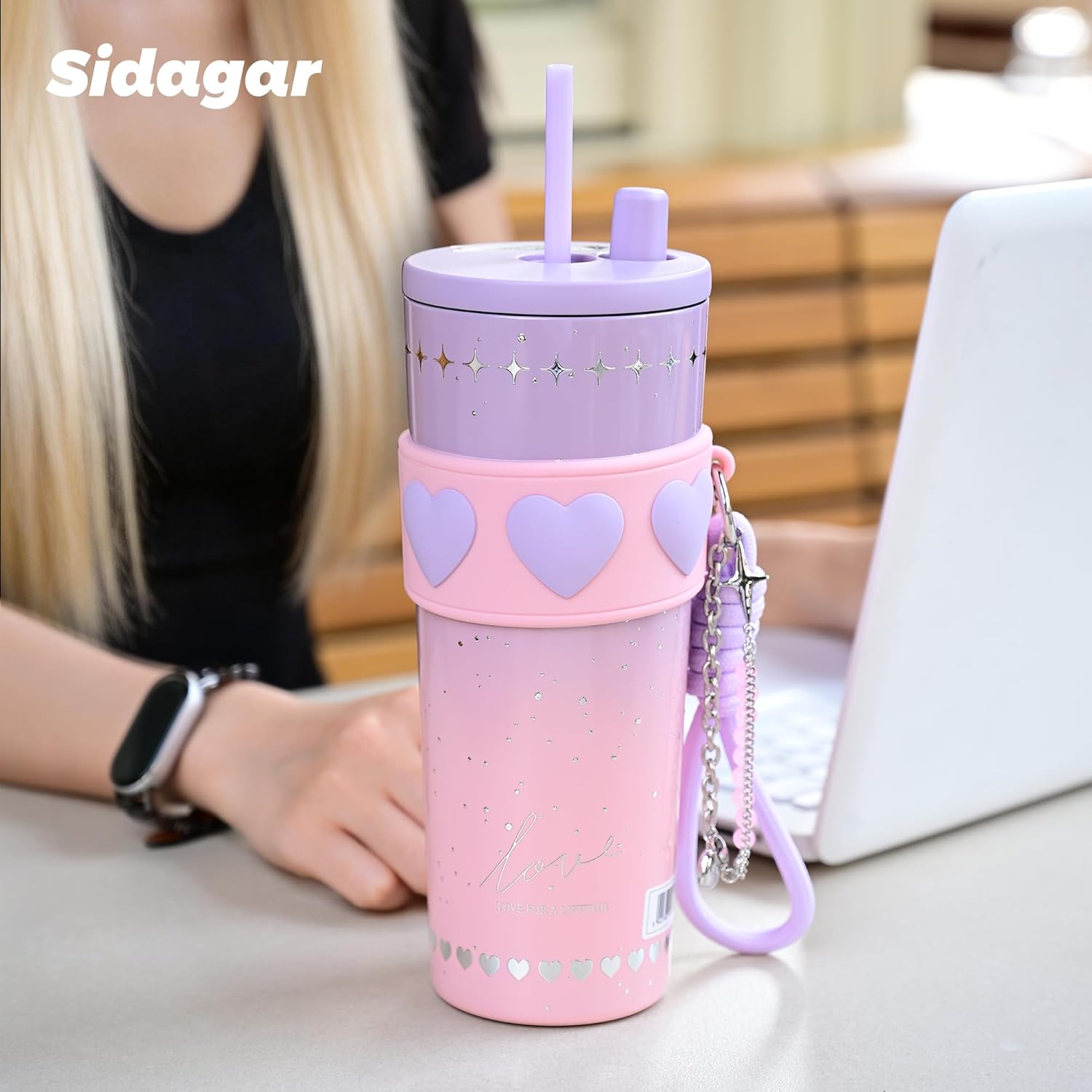 24 oz Stainless Steel Tumbler with Lid and Straw, Insulated Coffee Mug, Leak Proof, Portable Iced Travel Water Bottle, Reusable Thermal Coffee Cup Gift for Women, Purple