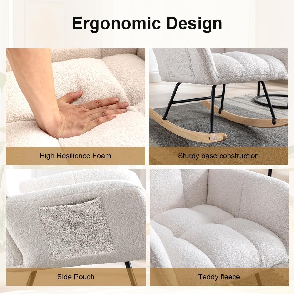 Rocking Chair Nursery, Teddy Upholstered Glider Rocker with High Backrest, Reading Chair Modern Rocking Accent Chairs Glider Recliner for Living Room, Nursery, Bedroom,White