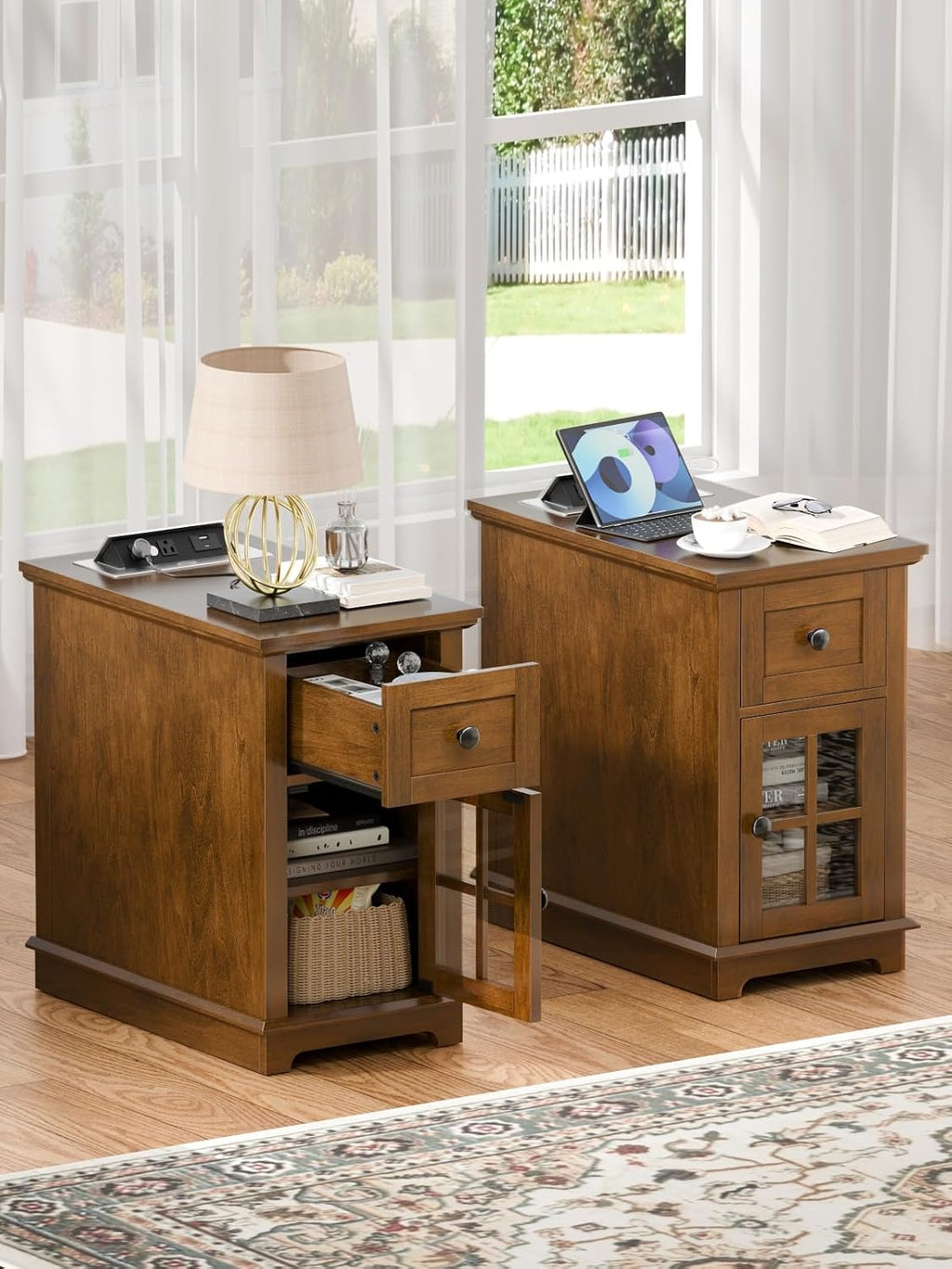 HIFYOBRO Narrow End Table with Flip Top Charging Station Set of 2, Storage Side Table with Drawer and Cabinet, Type-C & USB Port & Power outlets, Wooden Storage Cabinet for Bedroom/Living Room