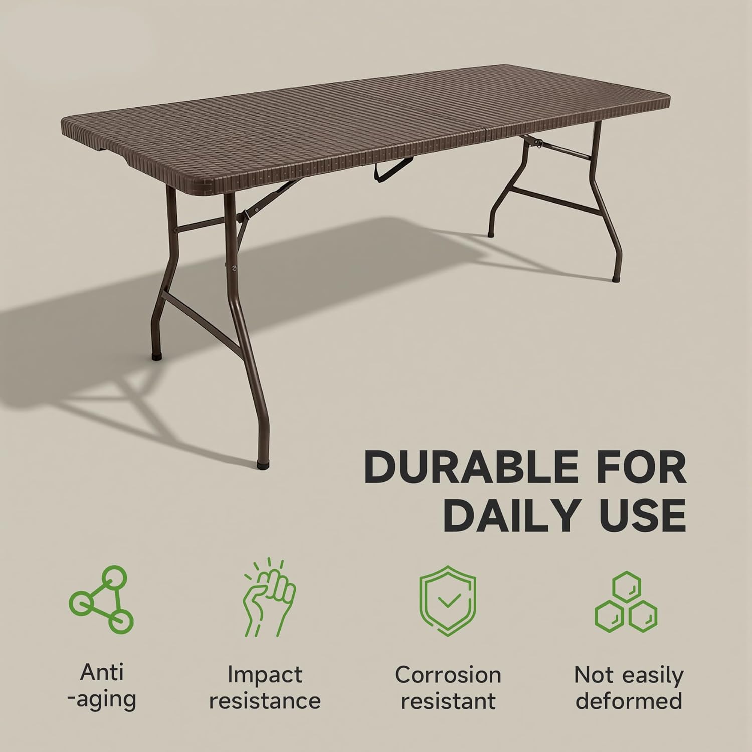 Folding Table 6 Foot, Heavy Duty 600 LBS Capacity, HDPE Wicker Pattern, Sturdy Design with Safety Lock, Portable Tables Folding for Camping, Party, Indoor & Outdoor Use, 2 Pack