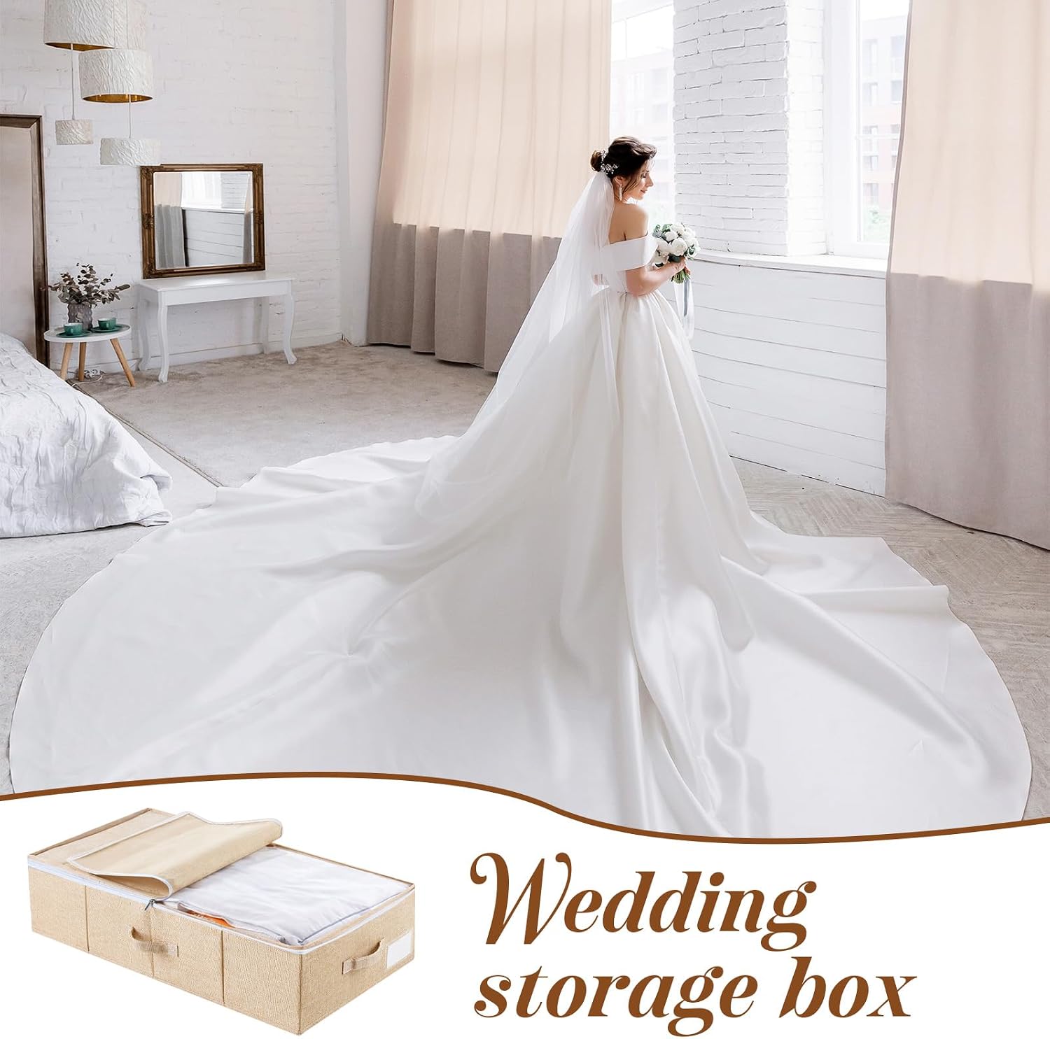 Wedding Dress Box, Preservation Storage Box with 40 Acid-Free Sheets, Sheet Organizers and Storage, Large Wedding Keepsake Trunk