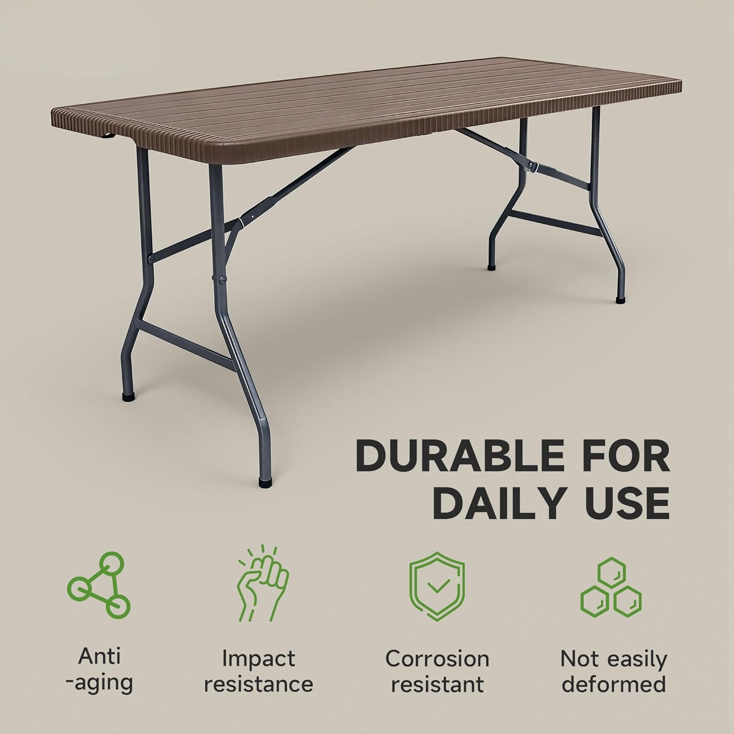 Folding Table 6 Foot, Heavy Duty 600 LBS Capacity, HDPE Wood Grain Pattern, Sturdy Design with Safety Lock, Portable Tables Folding for Camping, Party, Indoor & Outdoor Use, 1 Pack
