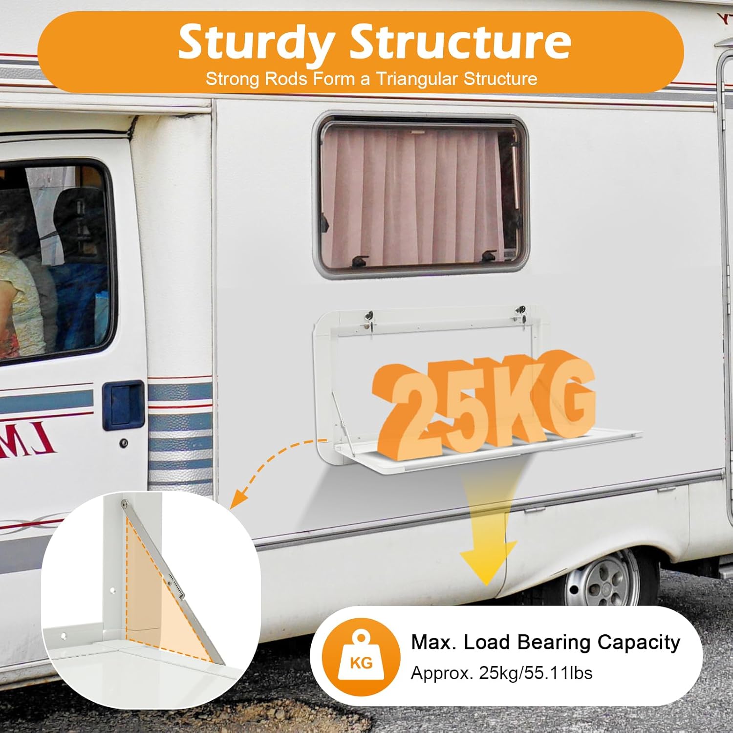 Fold Down Wall Mount Desk, Maximum Load 55.11lb, Aluminum Alloy Folding Wall Table, Lockable External Desk Kit for RV, Caravan, Caravans, Truck Campers, White