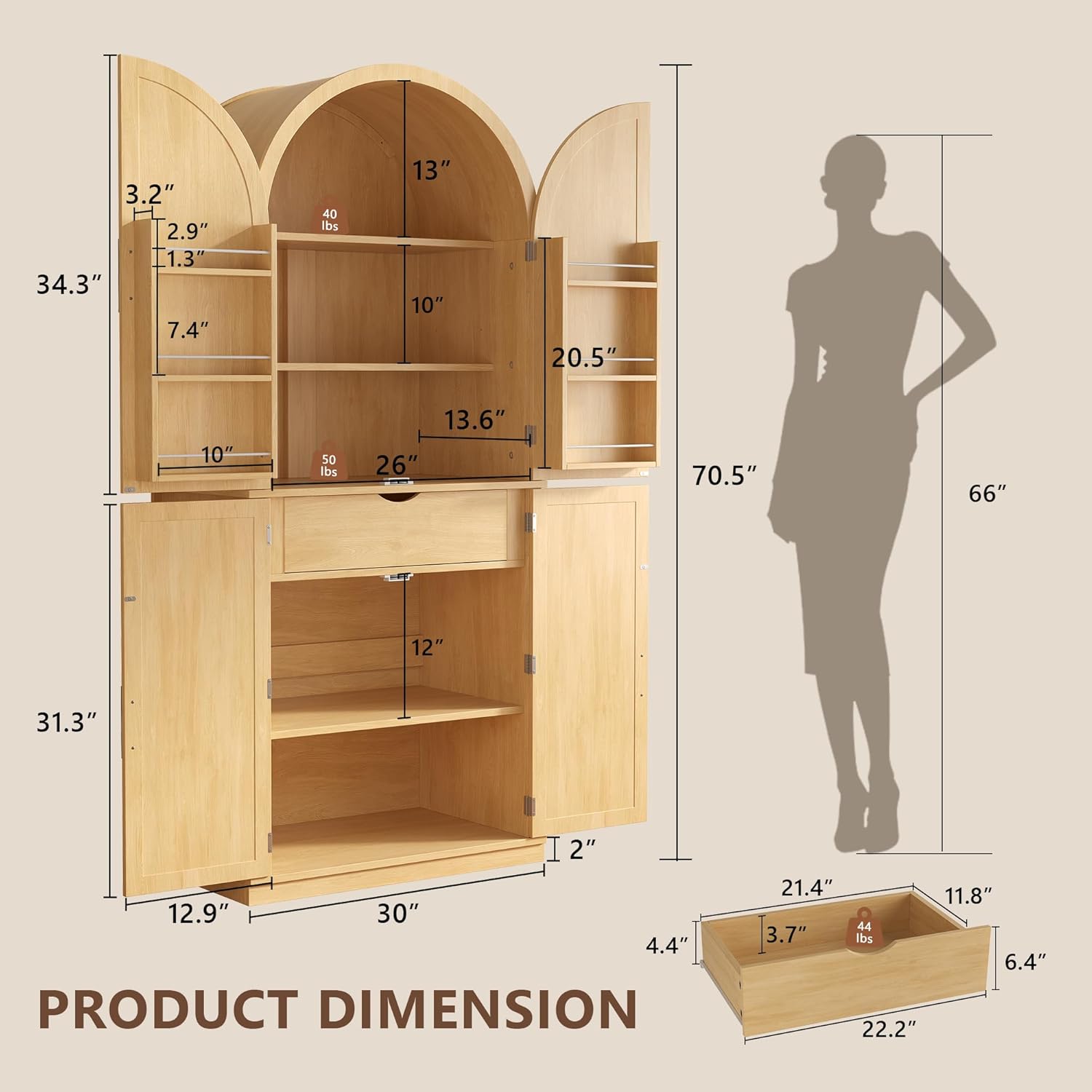 Einhomn 71" Tall Arched Pantry Cabinet, Farmhouse Wooden Kitchen Storage Cabinet with Adjustable Shelves, 6-Tier Door Shelves & Drawer, for Dining Room, Living Room, Bathroom, Natural