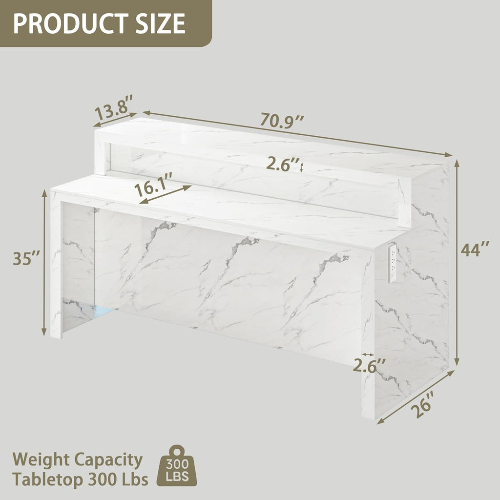 71" Large Faux Marble Dining Table with LED Lights, Modern Rectangle Kitchen Island Table with Charging Station for 6 People, Home Bar Unit with 2-Tier Shelf for Dining Room, Bar, Living Room, White