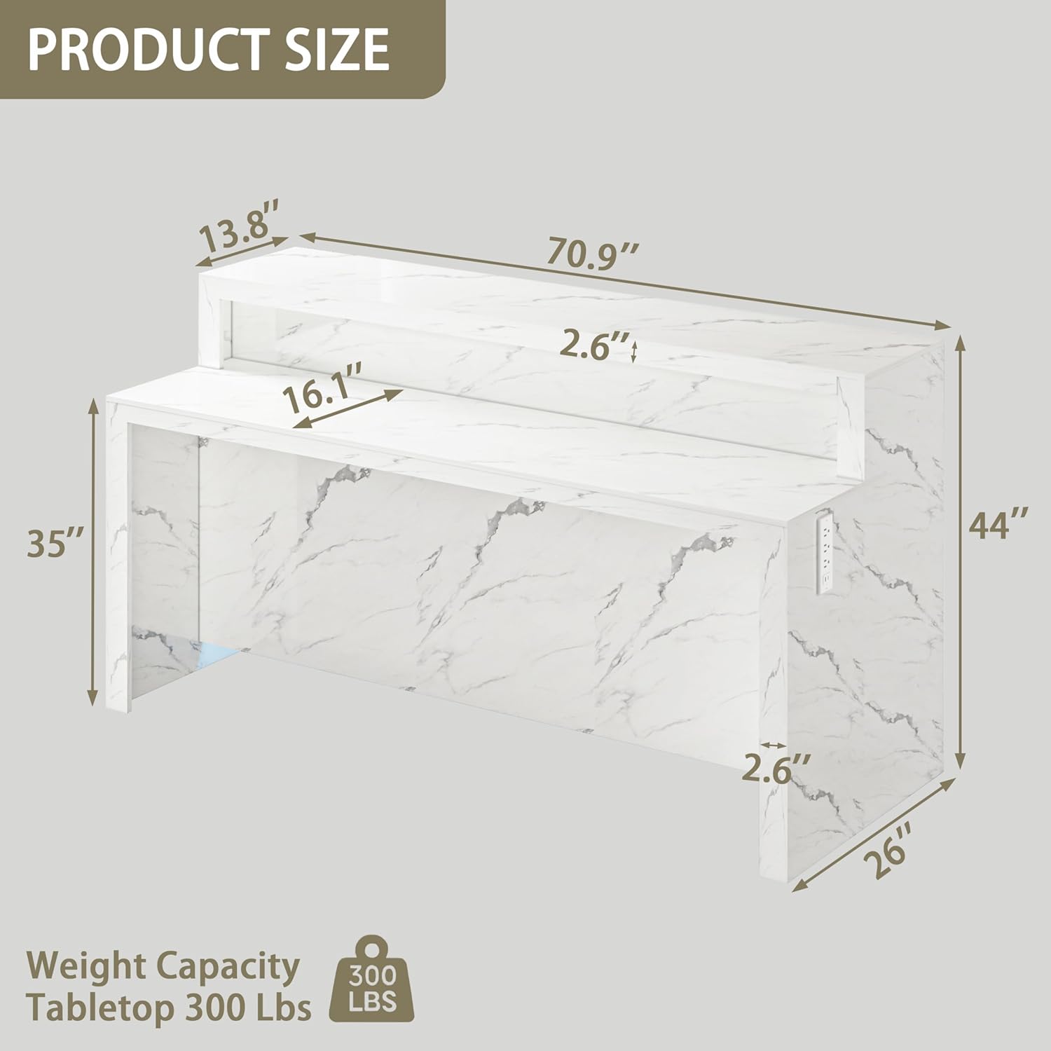71" Large Faux Marble Dining Table with LED Lights, Modern Rectangle Kitchen Island Table with Charging Station for 6 People, Home Bar Unit with 2-Tier Shelf for Dining Room, Bar, Living Room, White