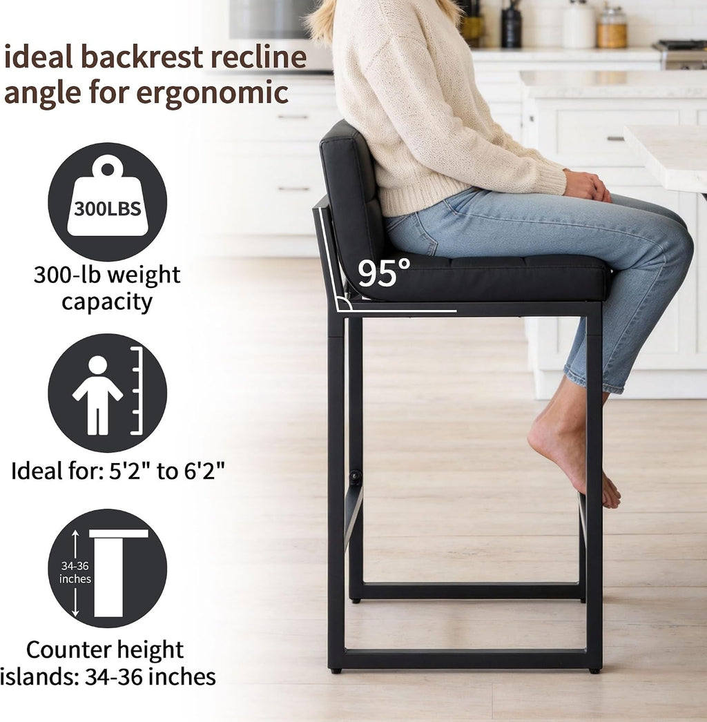 FIRAVOE Bar Stools Set of 4, PU Leather Counter Height Barstools with Low Back and Thickened Metal Legs, 26 Inch Modern Island Chairs for Kitchen Island, Bar, Counter (Black, 4Pcs 26" Counter Stools)
