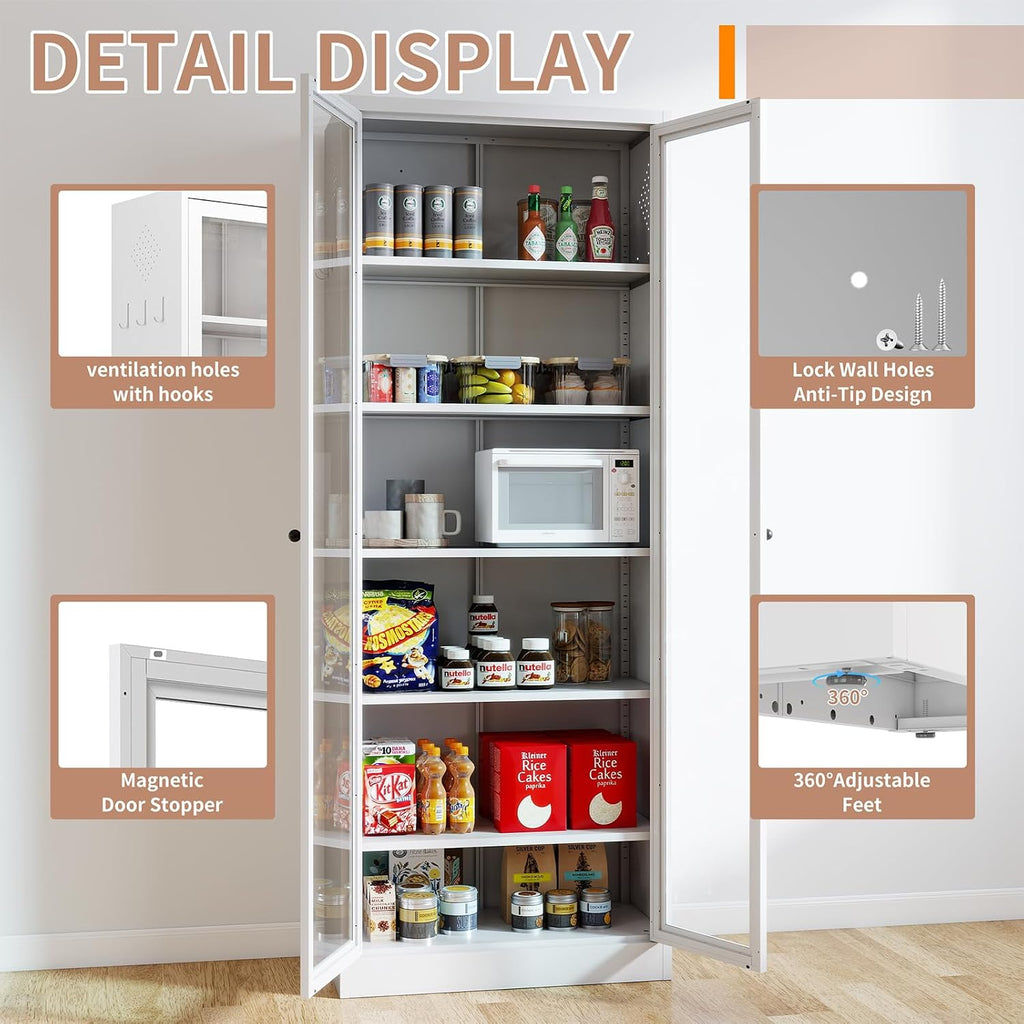 Metal Kitchen Pantry Cabinet, 72" Tall Food Pantry Cabinets with 5 Adjustable Shelves, White Freestanding Cabinet for Kitchen/Pantry/Bathroom