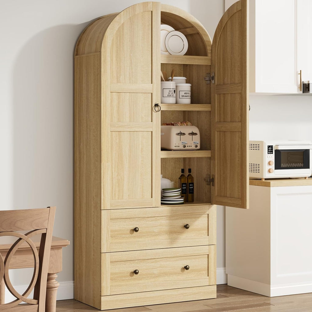 CABIHOME 72" Tall Arched Kitchen Pantry Cabinet, Freestanding Farmhouse Storage Cupboard with Doors, Drawers & Shelves, Versatile Wooden Organizer for Dining Room, Living Room, Natural