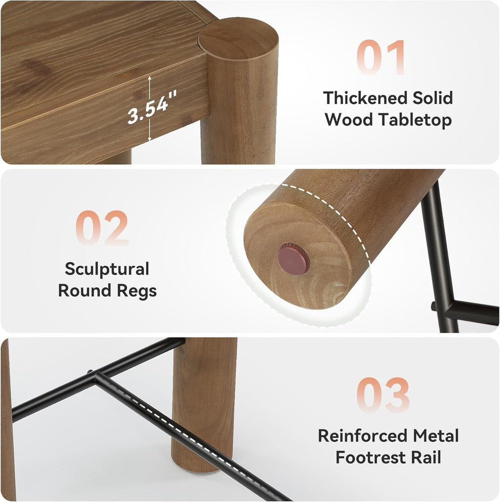 59-Inch Bar Table, Solid Wood Counter Height Dining Table with Metal Footrest, Modern Rustic Home Bar Unit for Kitchen, Living Room & Dining Room, Brown