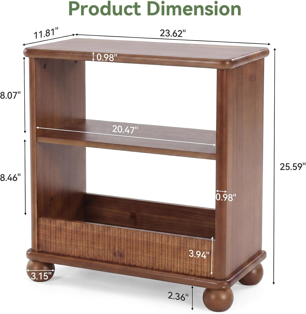 3-Tier Solid Wood End Table with Storage Shelf for Living Room | Farmhouse Rustic Style, 23.6" Rectangular Narrow Compact Side Table Nightstand, Easy Assembly, for Small Space