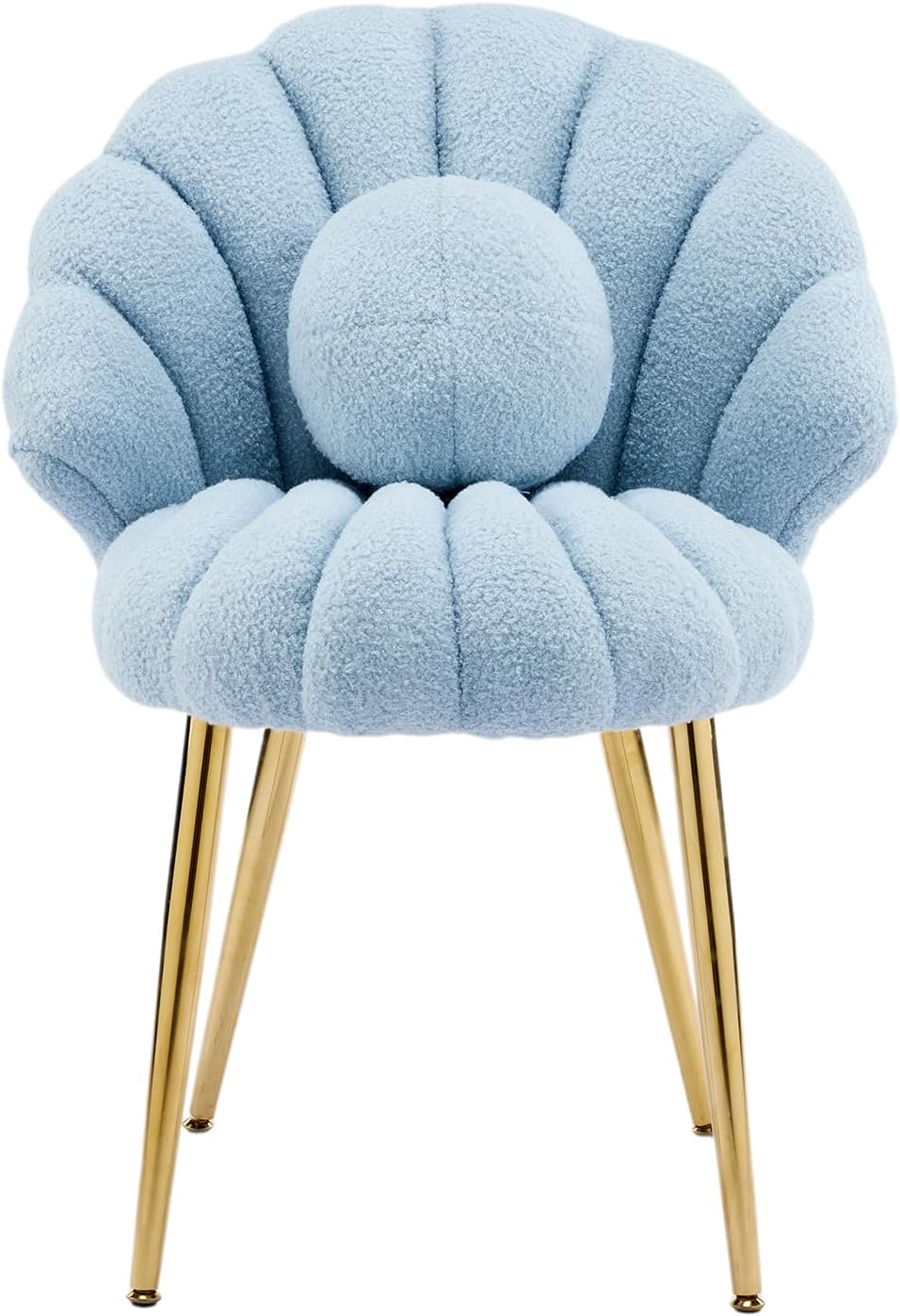 VINGLI Shell-Shaped Teddy Fleece Accent Vanity Chair with Back,Comfy Blue and Gold Desk Chair No Wheels,Cute Small Pearl Deco Pillow,Gift for Girls/Women,for Makeup,Office,Dining,Nail,Sewing,Bedroom