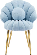VINGLI Shell-Shaped Teddy Fleece Accent Vanity Chair with Back,Comfy Blue and Gold Desk Chair No Wheels,Cute Small Pearl Deco Pillow,Gift for Girls/Women,for Makeup,Office,Dining,Nail,Sewing,Bedroom