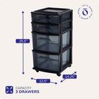 HOMZ Drawer Tower, 4-Tier Clear Plastic Storage Organizer Cart, Black Frame - Rolling Drawer Containers with Wheels for Bathroom, Bedroom, Office, and Classroom Organization