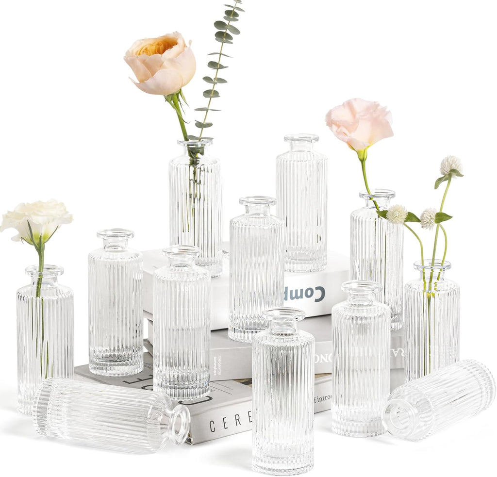 ComSaf Small Bud Vases Set of 12, 5.2 inch Glassl Bud Vase in Bulk, Mini Flower Vase for Centerpiece, Vintage Decorative Vase for Flowers, Wedding, Christmas, Home Decor, Housewarming Gift (Clear)