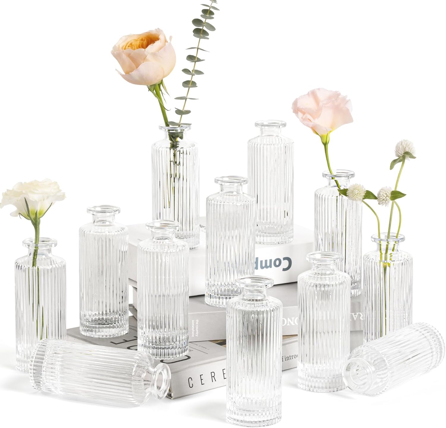 ComSaf Small Bud Vases Set of 12, 5.2 inch Glassl Bud Vase in Bulk, Mini Flower Vase for Centerpiece, Vintage Decorative Vase for Flowers, Wedding, Christmas, Home Decor, Housewarming Gift (Clear)