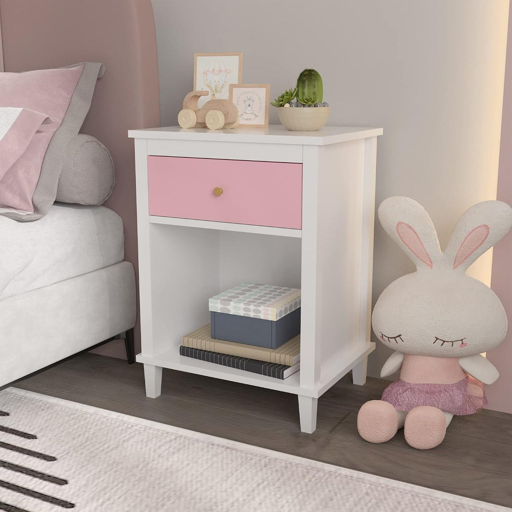 Kids Nightstand with One Drawer, Modern Nightstand, End Table for Boys and Girls, for Living Room, Bedroom (Pink)
