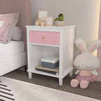 Nightstand with One Drawer & Open Storage Shelf, Modern Wooden Bedside Table for Kids, 26.77''H End Table for Living Room, Bedroom, Toddler Nightstand for Boys and Girls, White+Pink