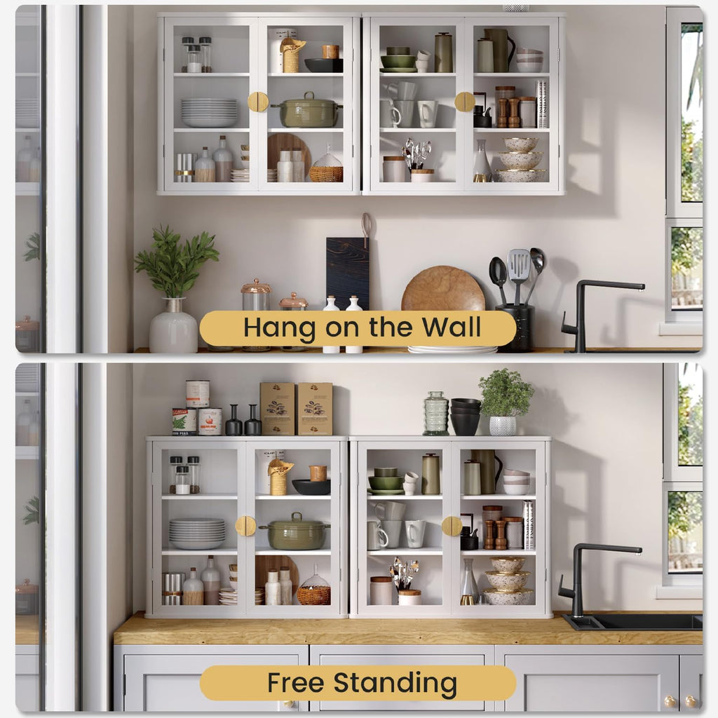 NEWOWNDS 56" Kitchen Wall Cabinets,Display Wall Mounted Cabinet,Floating Cabinet with Glass Doors,Over The Toilet Storage Cabinets, Upper cabinets for Launtry, Kitchen,Bathroom, Gold Handle