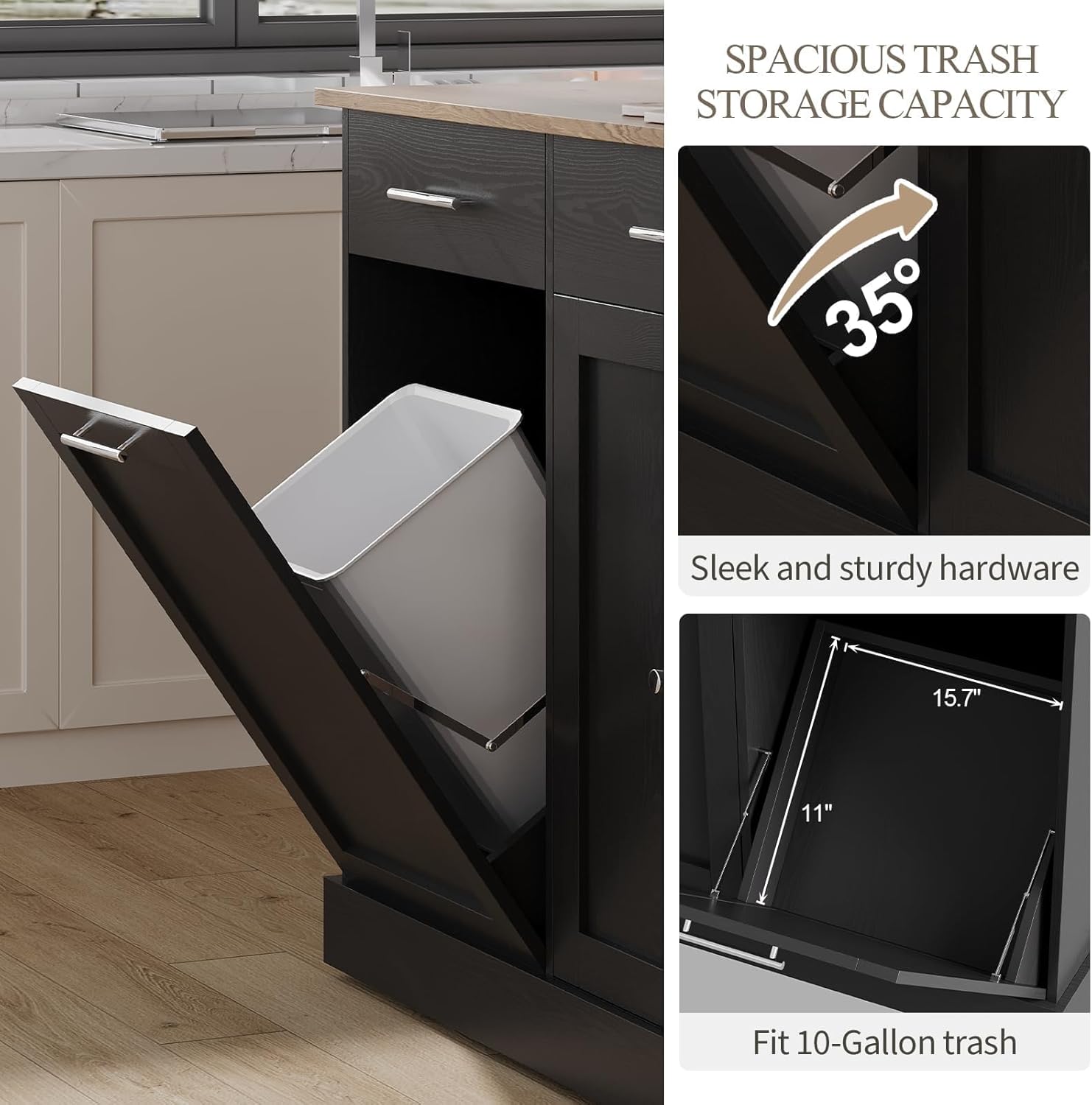 4 EVER WINNER 53" Kitchen Island Cart with Hidden Trash Storage, 3-Tier Spice Rack & Adjustable Shelves, Mobile Kitchen Counter on 5-Wheel Casters, Black