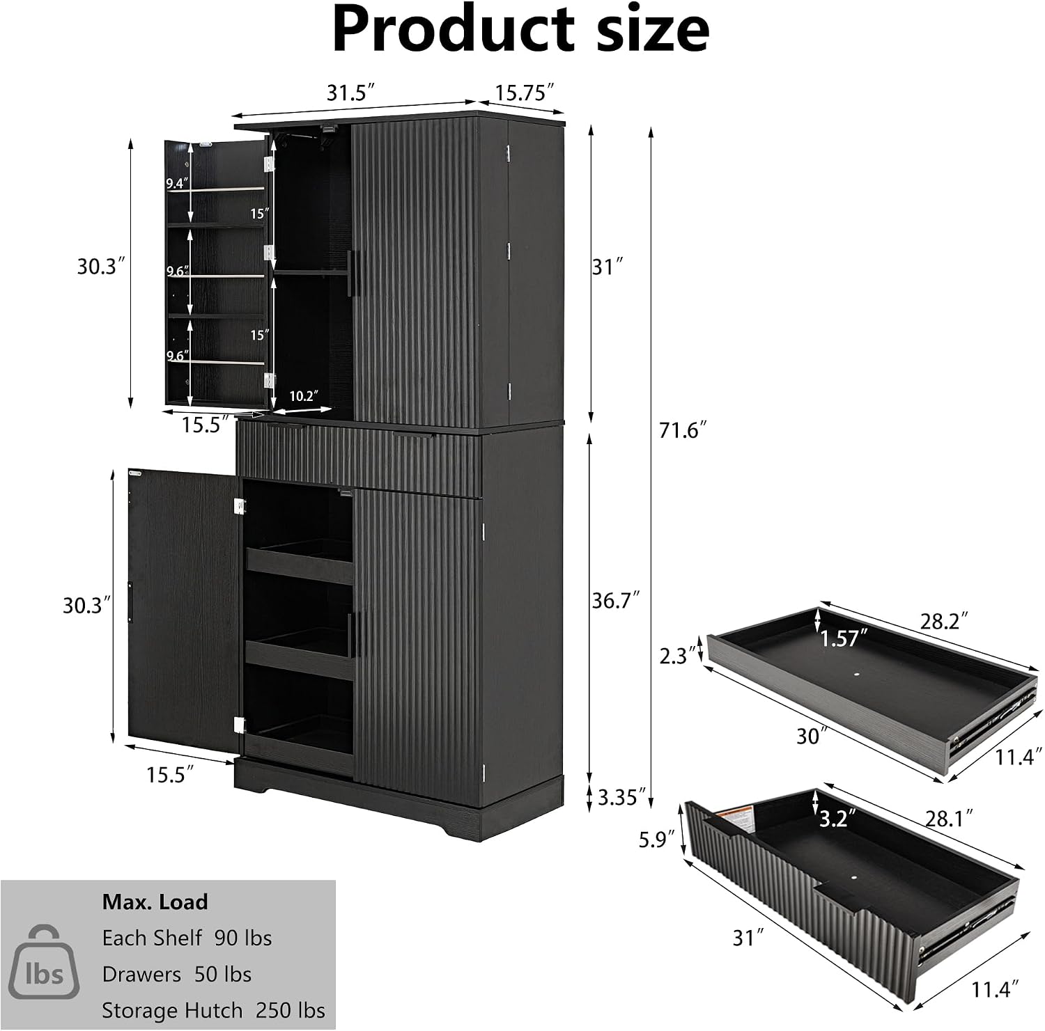 72'' Kitchen Pantry Storage Cabinet, Pantry Storage Cabinet with 3 Keyboard Drawers and 6 Door Shelves Adjustable, Freestanding Buffet Cabinet for Bathroom, Diningroom (Black)
