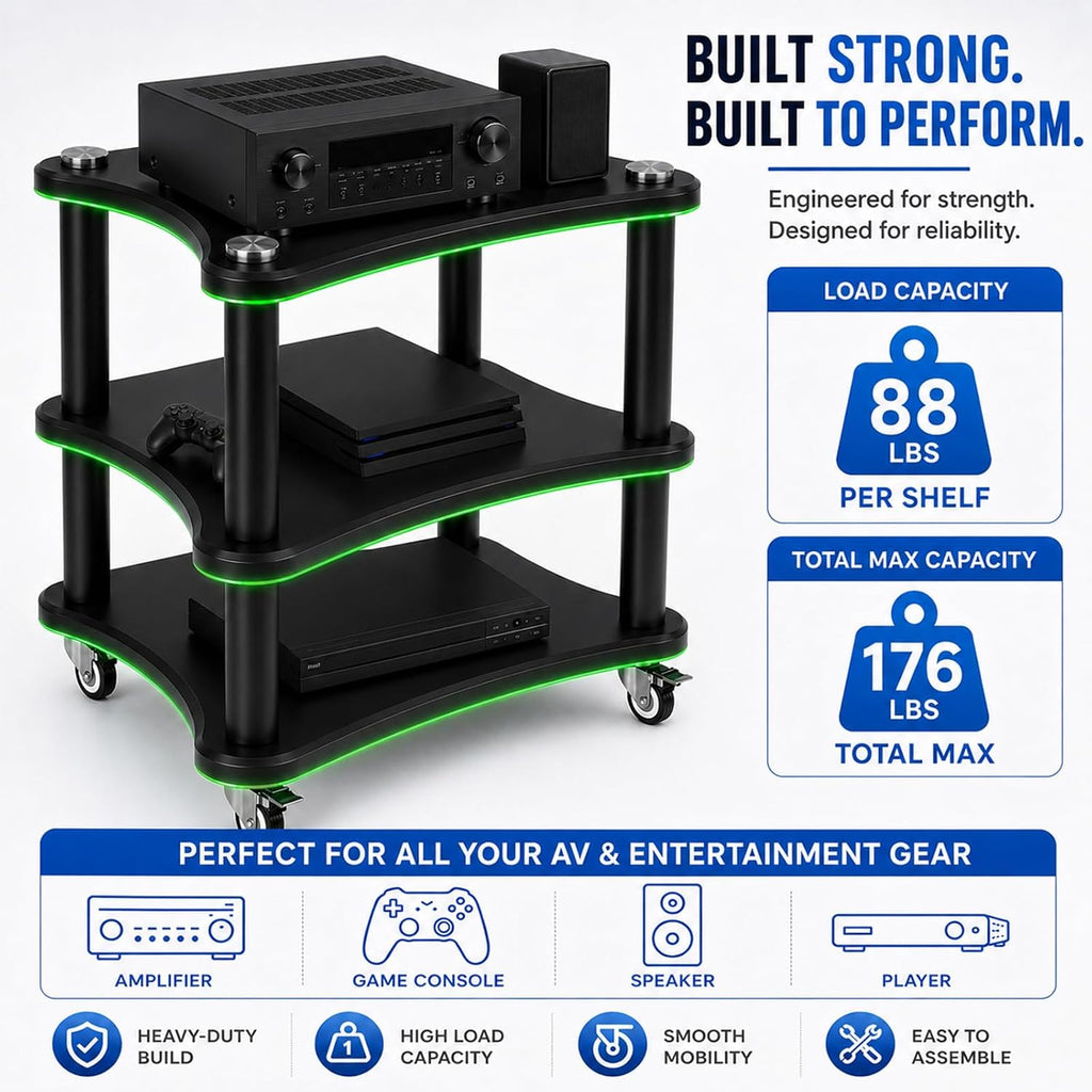 AV Media Stand with LED Lights, Audio Rack with USB Powered RGB Light Strip, Rolling Stereo Cabinet with Lockable Caster Wheels, 88 lbs Per Shelf, Printer/TV Stand for Small Spaces (black, 3-Tier)