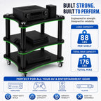AV Media Stand with LED Lights, Audio Rack with USB Powered RGB Light Strip, Rolling Stereo Cabinet with Lockable Caster Wheels, 88 lbs Per Shelf, Printer/TV Stand for Small Spaces (black, 3-Tier)