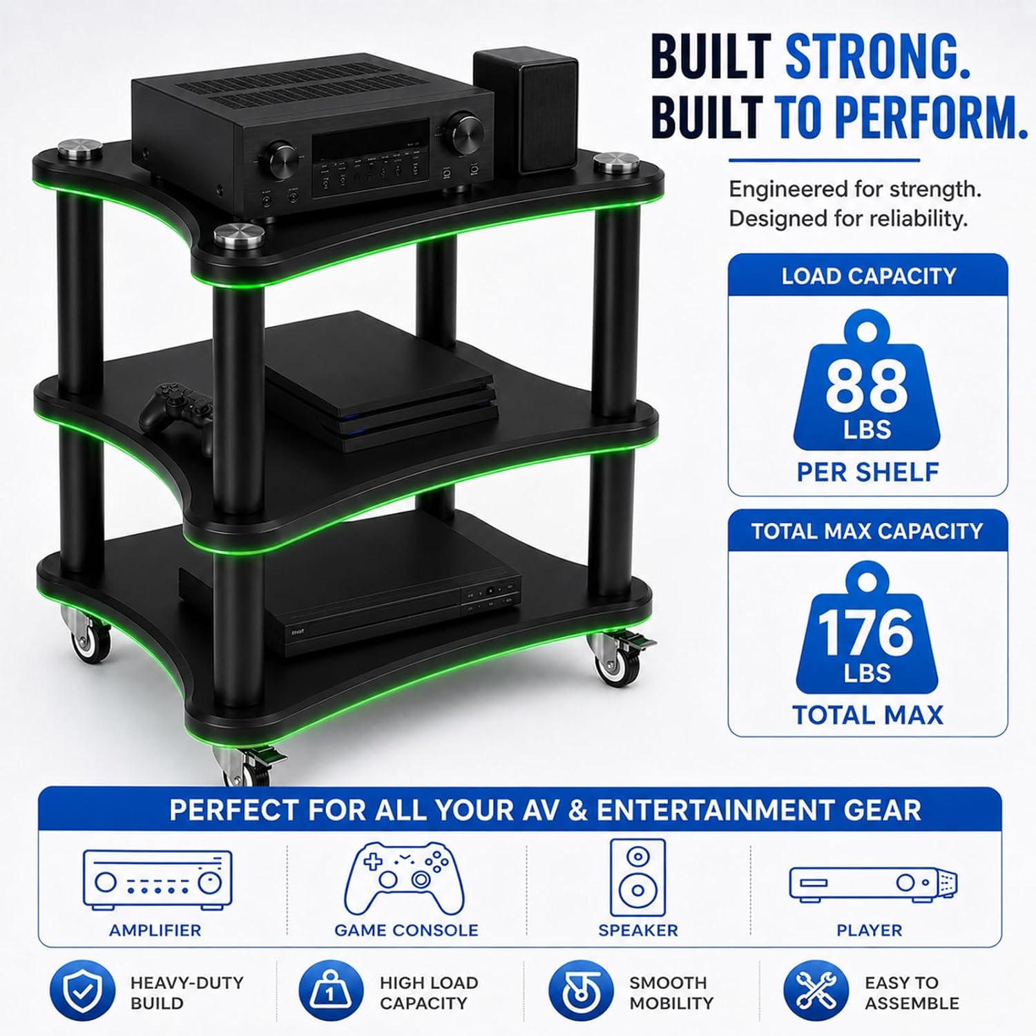 AV Media Stand with LED Lights, Audio Rack with USB Powered RGB Light Strip, Rolling Stereo Cabinet with Lockable Caster Wheels, 88 lbs Per Shelf, Printer/TV Stand for Small Spaces (black, 3-Tier)