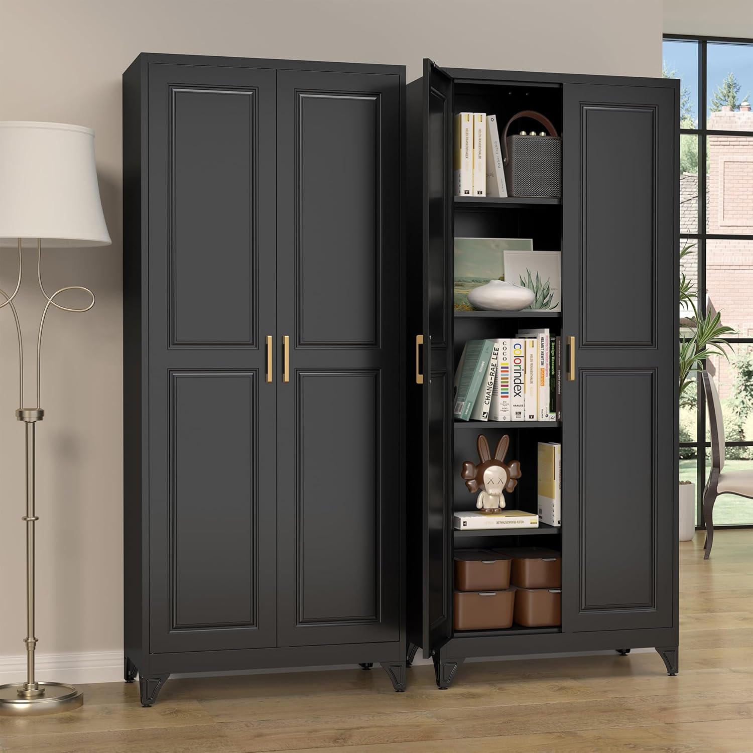 SteeLoong Kitchen Pantry Cabinet,75”Black Metal Storage Cabinets with Doors and 4 Adjustable Shelves,Kitchen Cabinet with 2 Gold Handles,Tall Cabinet for Livingroom, Bathroom