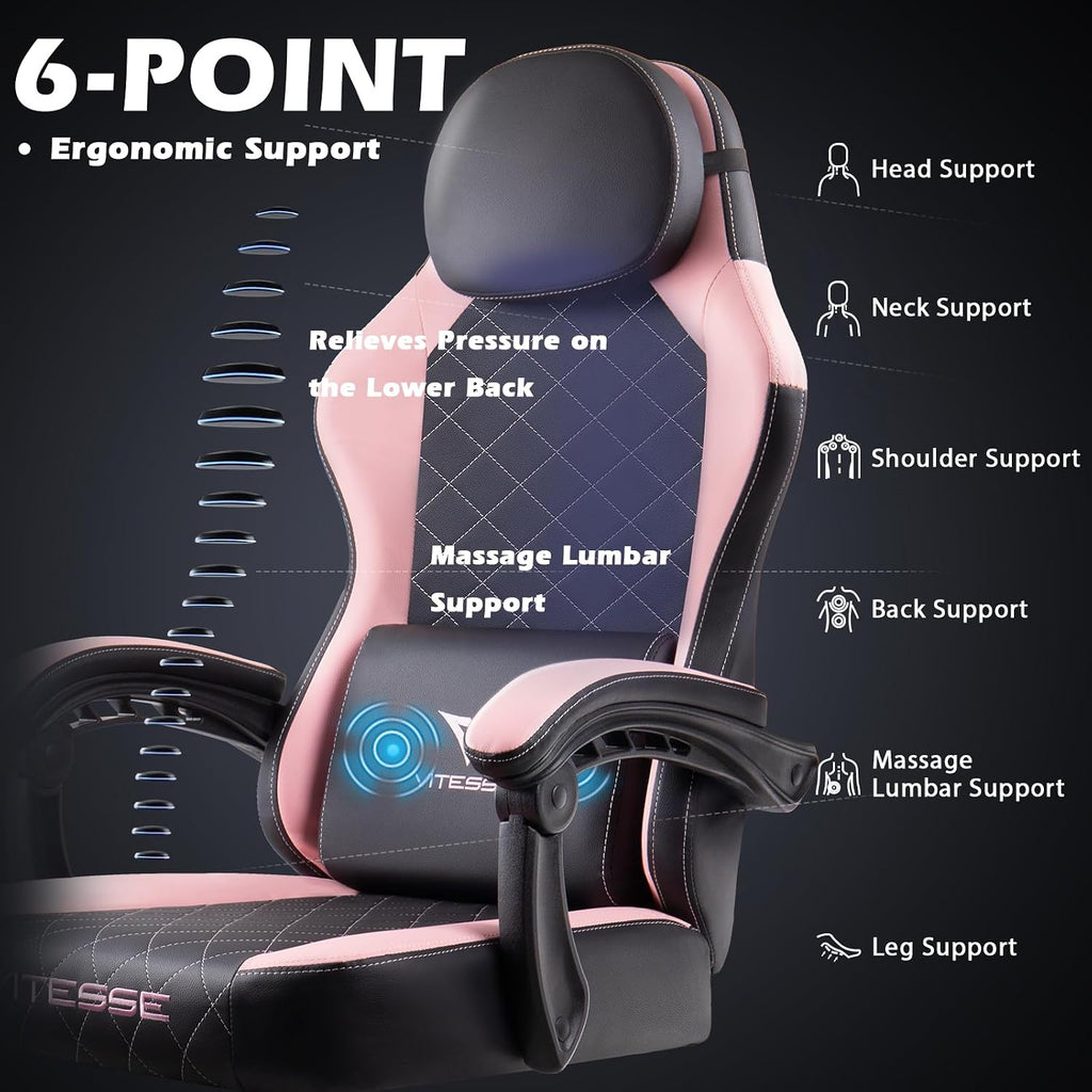 PUKAMI Gaming Chair with Footrest,Ergonomic Gamer Chair for Adults, Racing Style Reclining Computer Game Chair with Headrest and Lumbar Support (Pink)