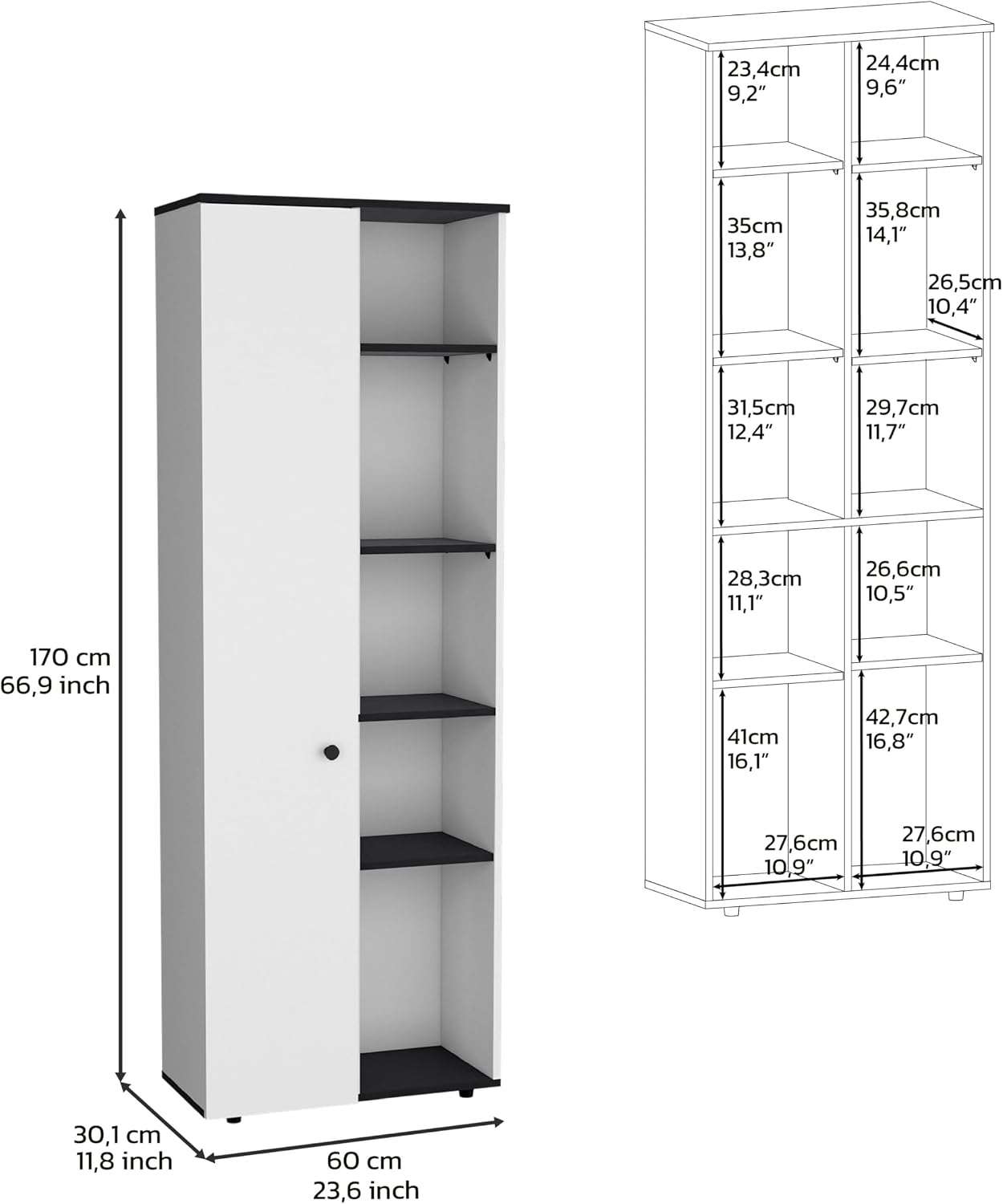 Compact 67" Kitchen Storage Cabinet, 10 Shelves, White & Black, Pantry Organizer