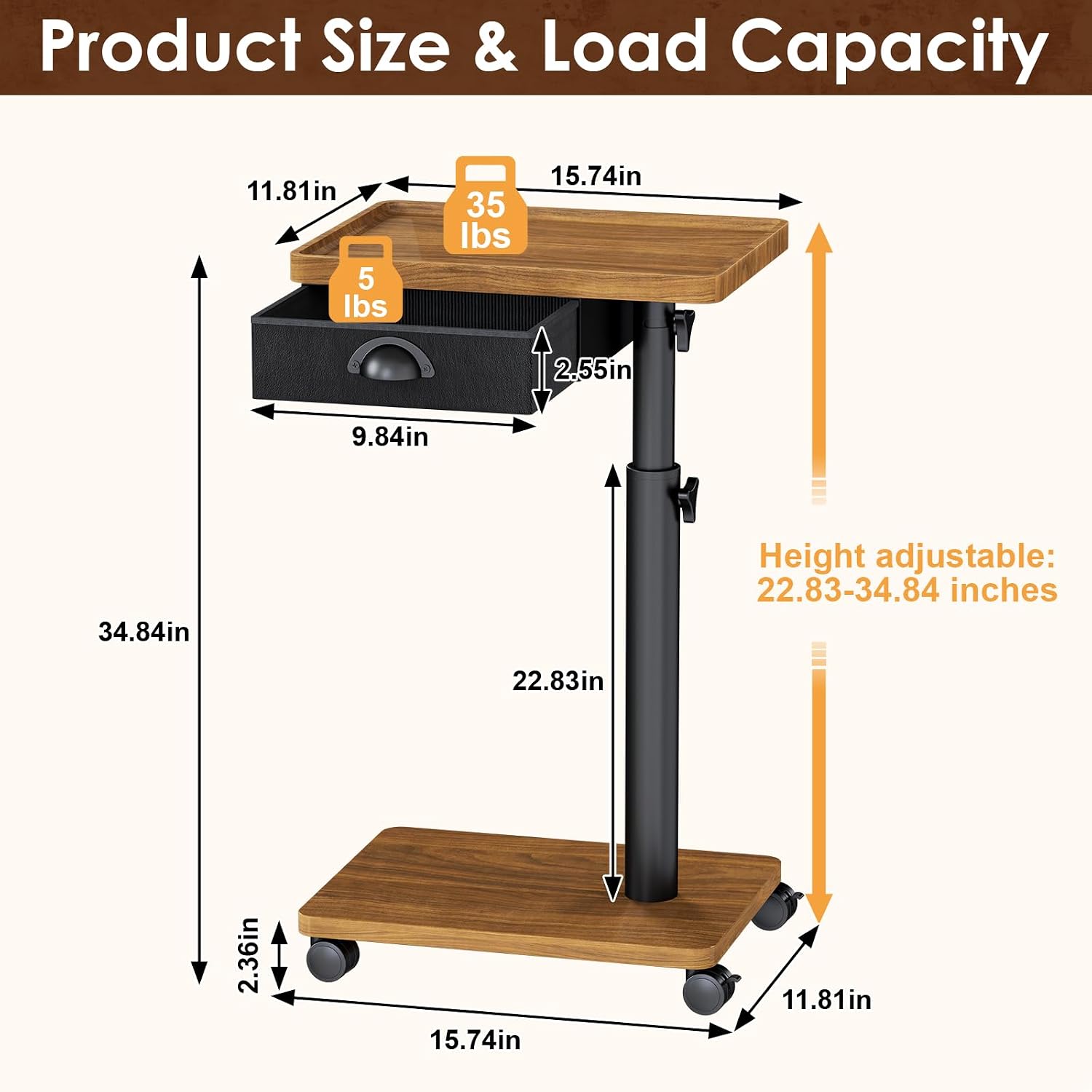 Cutogxon TV Tray Table with Wheels & Drawer,Adjustable Height C Shaped End Table for Eating,End Table with Swivel Top for Small Spaces, Sofa Side Table for Bedroom & Living Room（Walnut Brown）