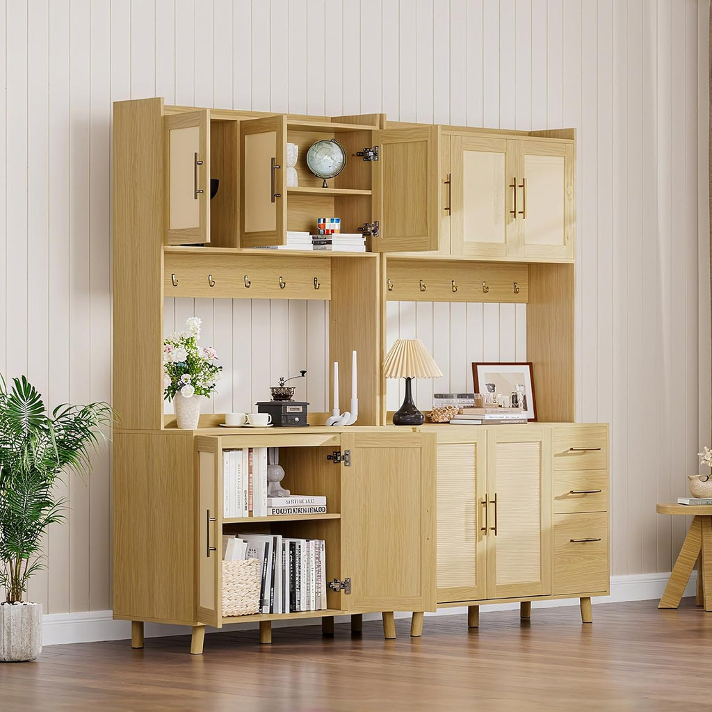 71" Tall Rattan Door Kitchen Pantry Cabinet, Freestanding Storage Hutch with 3 Drawers, 6 Hooks, Adjustable Shelves, Microwave Stand for Living Room, Kitchen