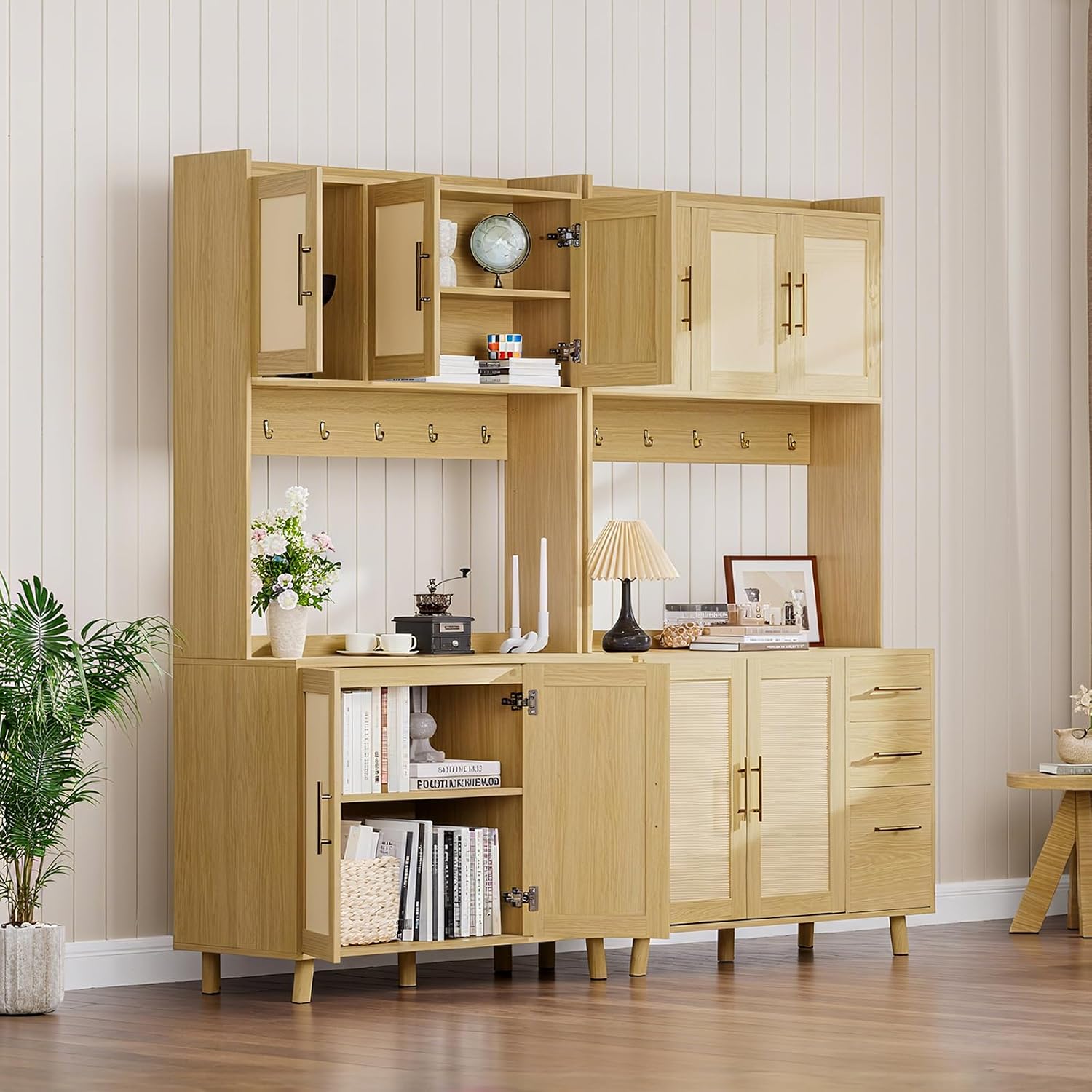 71" Tall Rattan Door Kitchen Pantry Cabinet, Freestanding Storage Hutch with 3 Drawers, 6 Hooks, Adjustable Shelves, Microwave Stand for Living Room, Kitchen