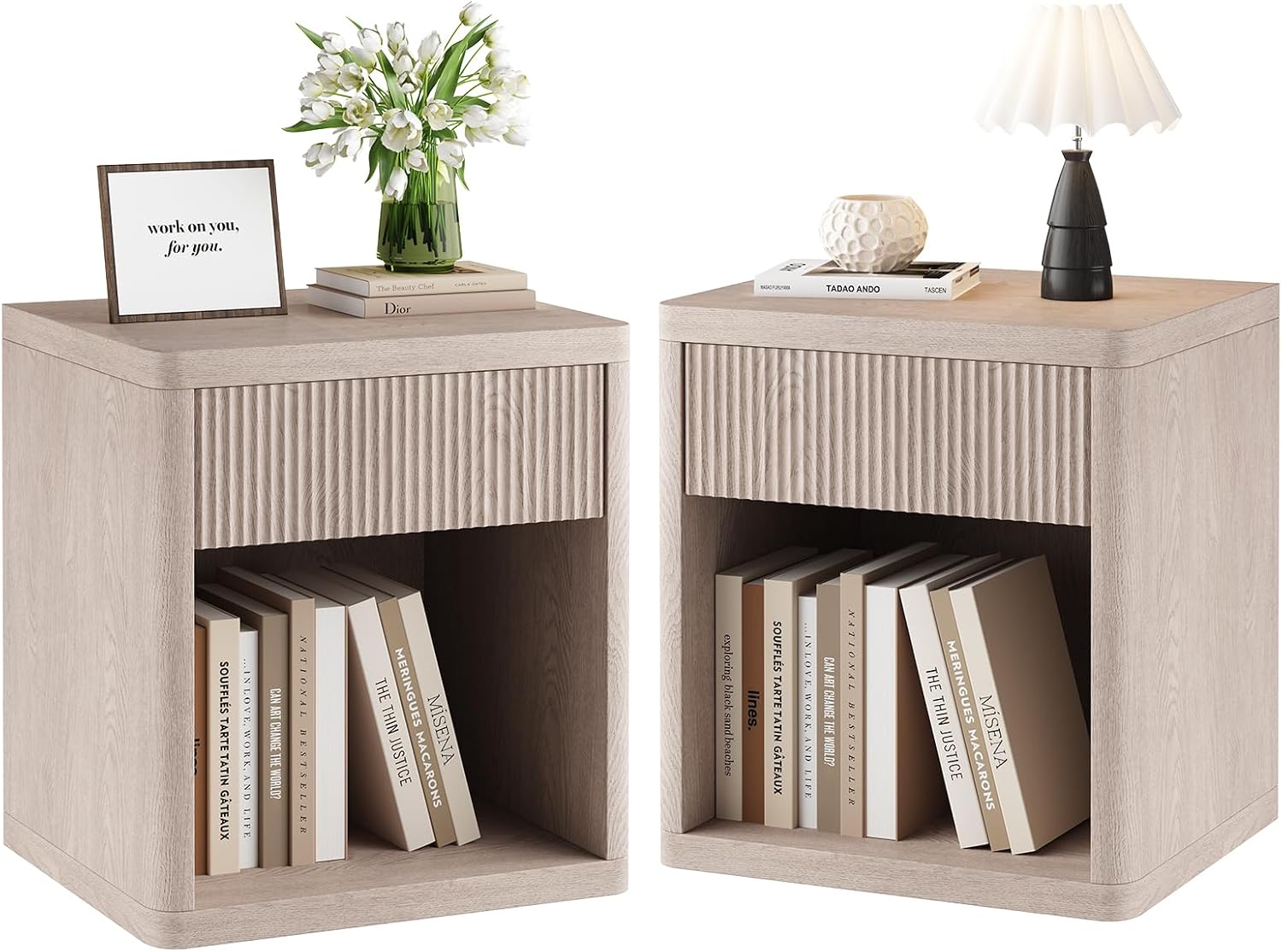 OLIXIS Set of 2 Modern Nightstand, 22.7" Fluted Drawer Wood Bedside Table | Compact white oak nightstand with drawer & open shelf, sturdy multi-use end table for bedroom, sofa side table, entryway