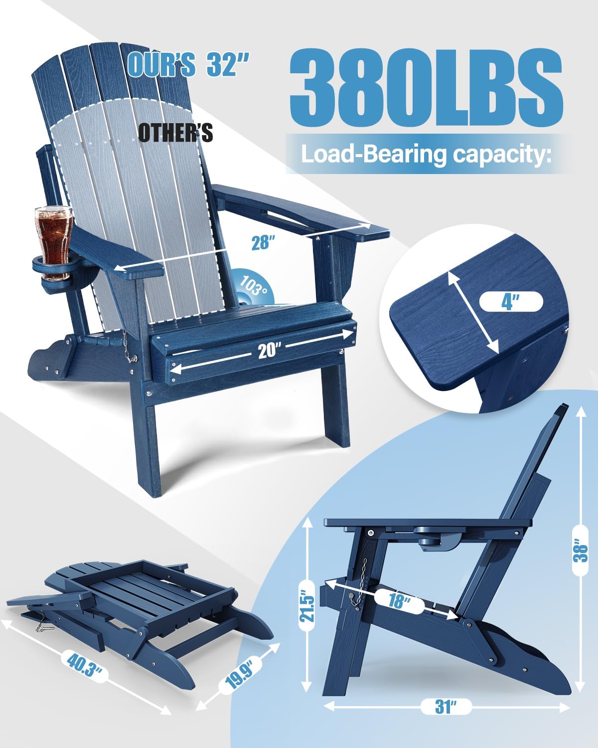 Adirondack Chair with Cup Holder: Adirondack Chairs Set of 4 Plastic HDPE Material Furniture - Composite Fire Pit Chairs Foldable for Outdoor/Backyard/Garden/Lawn/Deck/Porch/Patio