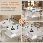 Extendable Dining Room Table for 4-6, 47-63 Inch Faux Marble Extendable Dining Table, Modern Expandable Rectangle Kitchen Dining Table with Storage for Kitchen Living Room