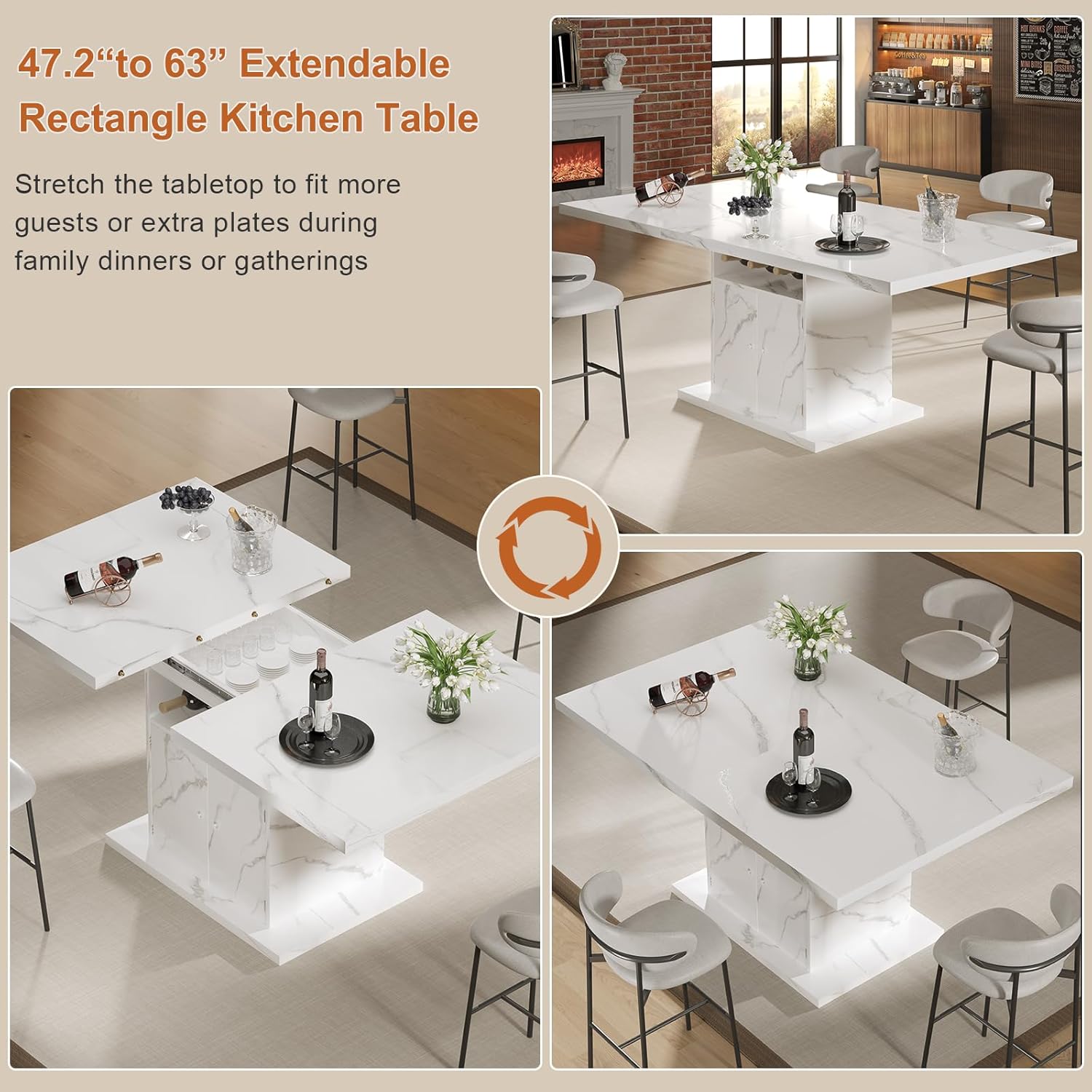 Extendable Dining Table for 4-6, 47-63 Inch Faux Marble Extendable Dining Room Table, Modern Expandable Rectangle Kitchen Dining Table with Storage for Kitchen Living Room