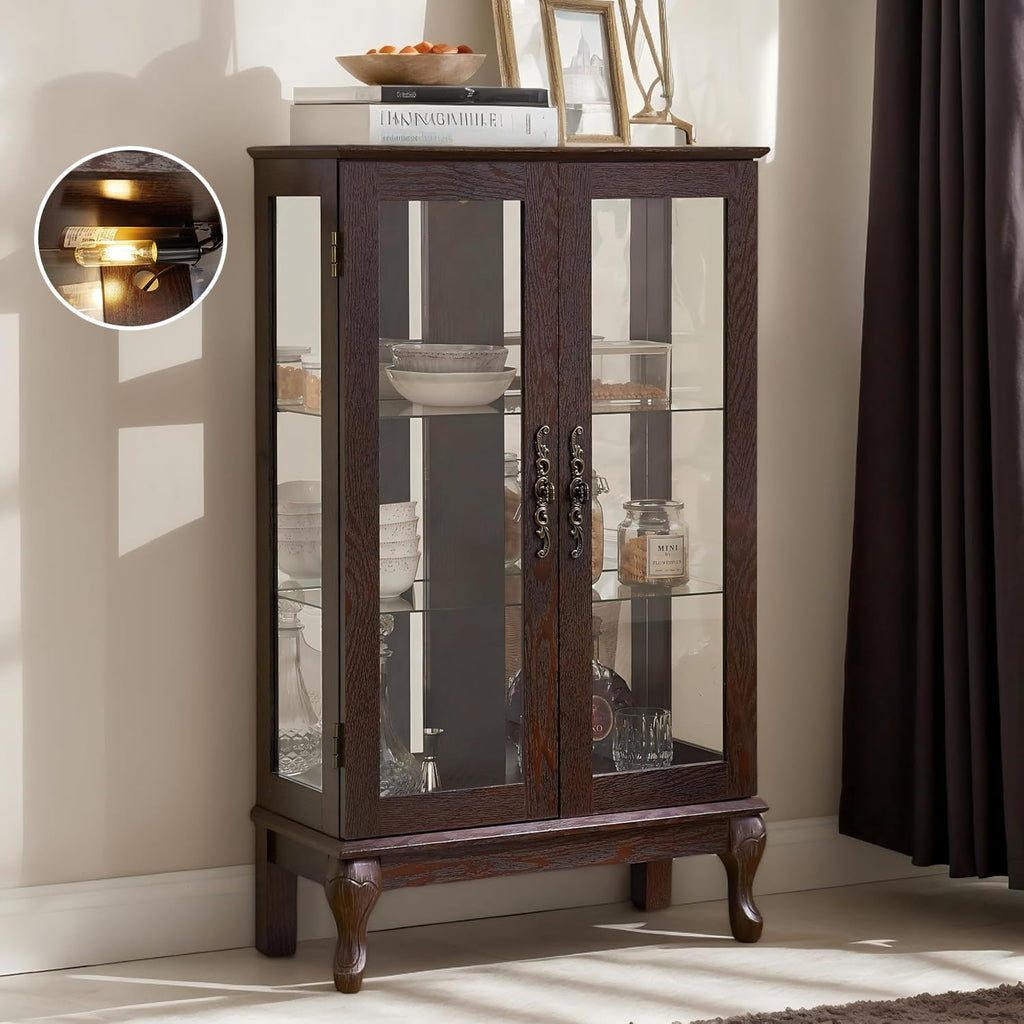 44" Small Lighted Glass Accent Curio Cabinet, Vintage China Cage with Tempered Glass Doors & Adjustable Shelves, Acrylic Mirrored Pane, Elegant Wine Artwork Showcase for Living Room (Dark Cherry)