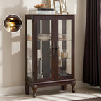 44" Small Lighted Glass Accent Curio Cabinet, Vintage China Cage with Tempered Glass Doors & Adjustable Shelves, Acrylic Mirrored Pane, Elegant Wine Artwork Showcase for Living Room (Dark Cherry)