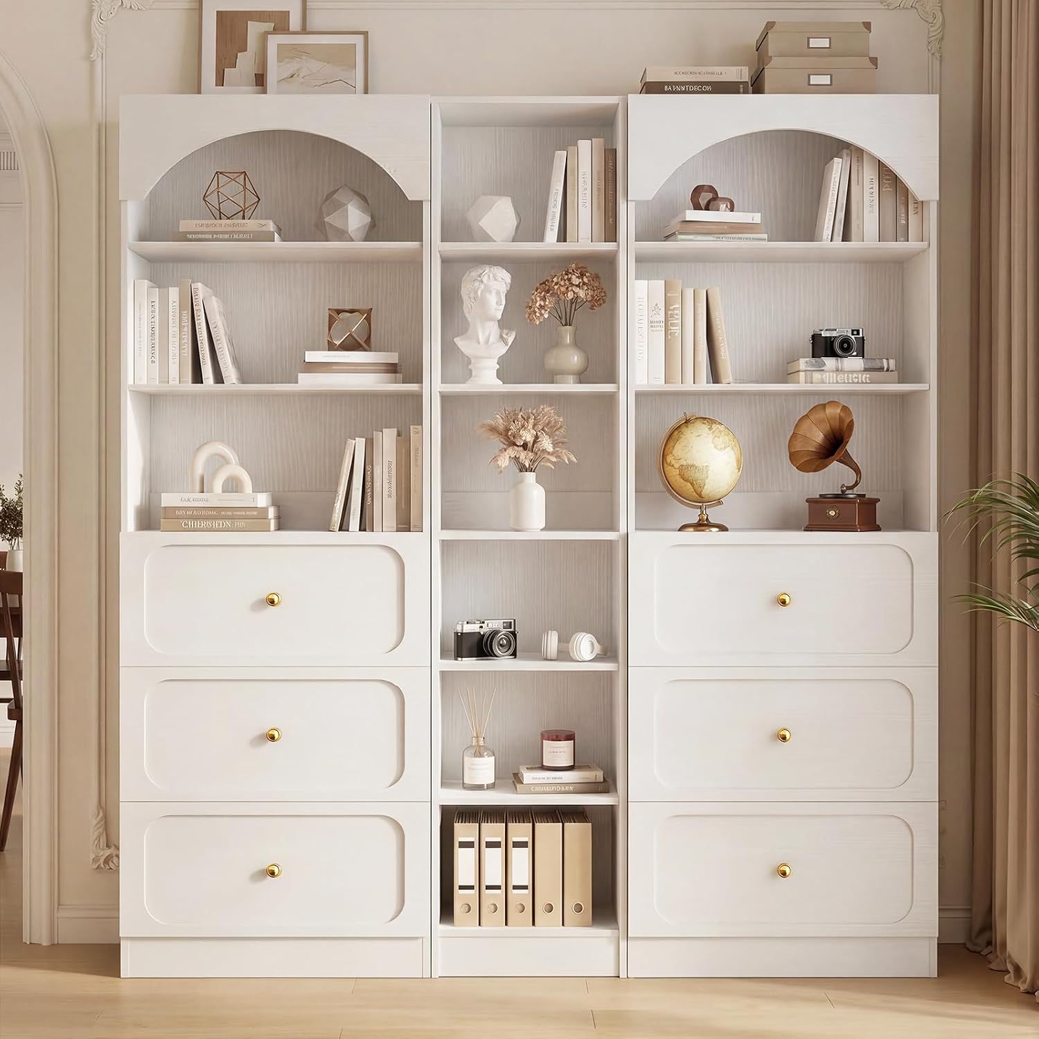 Cyclysio 80" Tall Pantry System with 6 Drawers, Arched Corner Pantries with 12-Tier Open Shelves, Wooden Cupboard Storage Organizer with Baseboard Cutout for Living Room, Kitchen