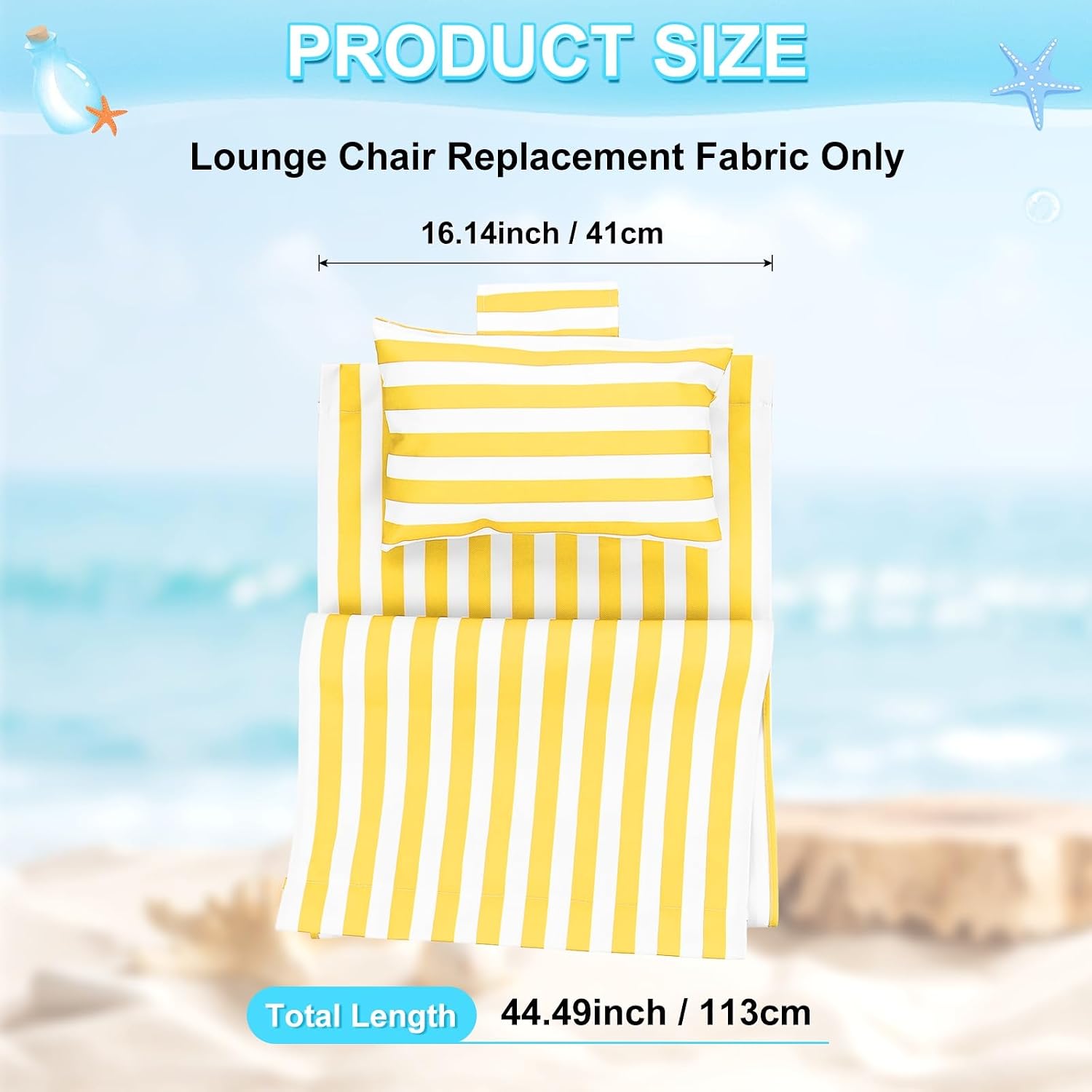 M METERXITY Beach Sling Chair Replacement Canvas, 16x44.5 Inch Folding Lounge Chair Fabric with Pillow for Beach/Sunbathing/Courtyard/Garden [Pinstripe Yellow, Only Replacement]